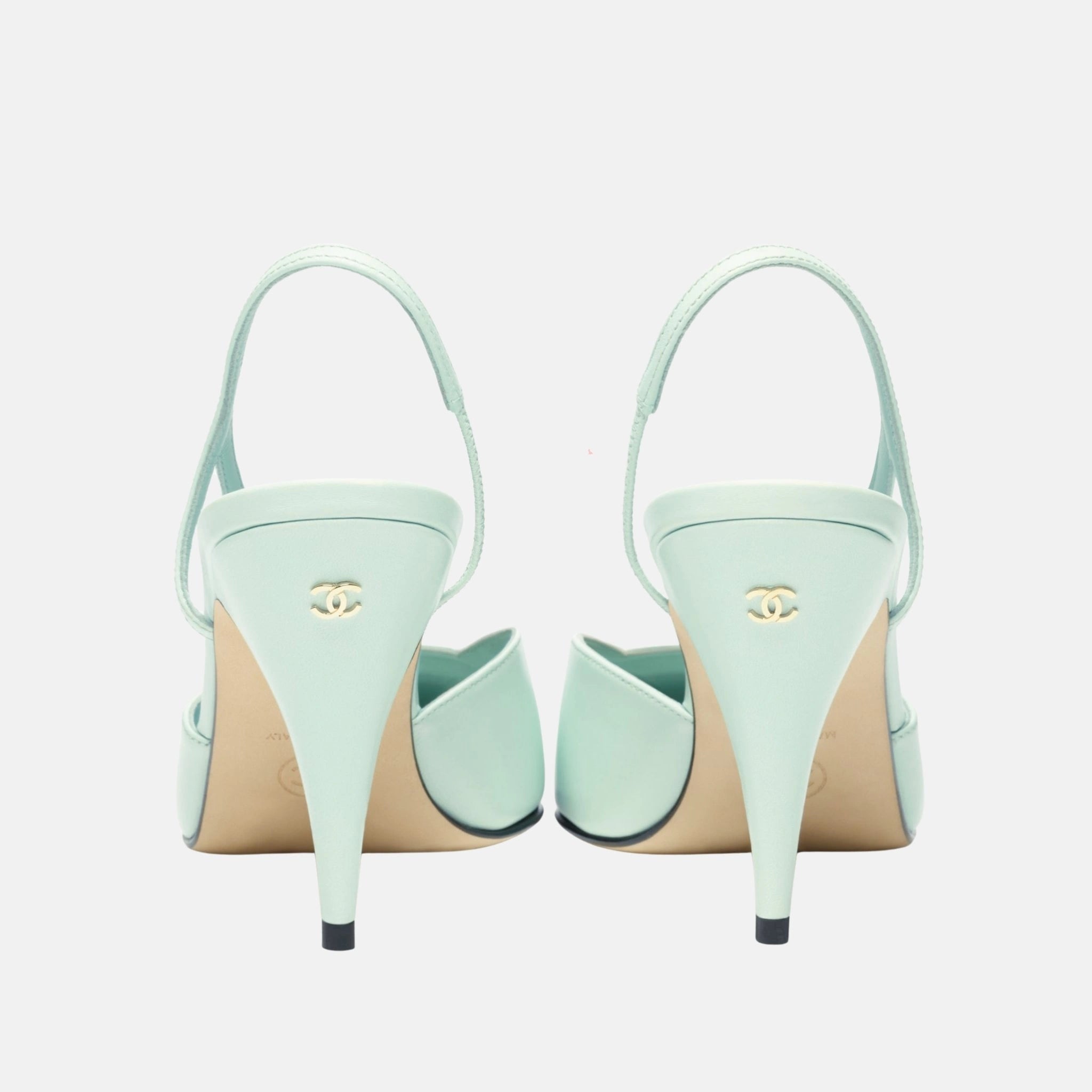 Chanel Heeled Slingbacks Goatskin Mixed Fibers, Light Green, Back