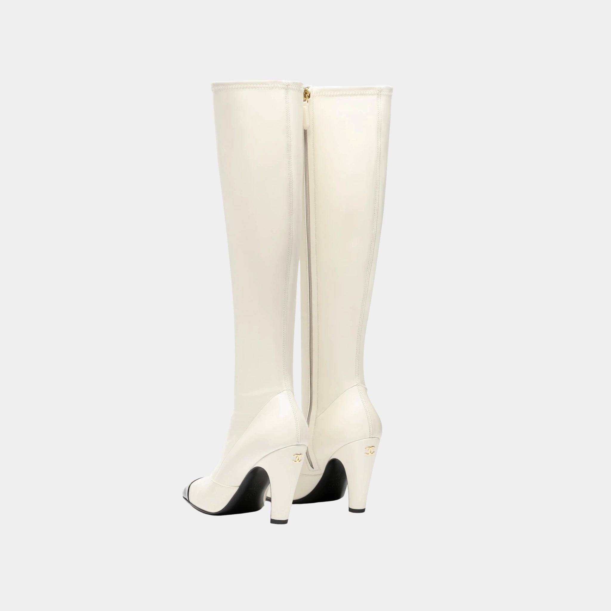 Chanel High Boots in Stretch Lambskin, Lambskin & Patent Calfskin, Ivory Black, Back