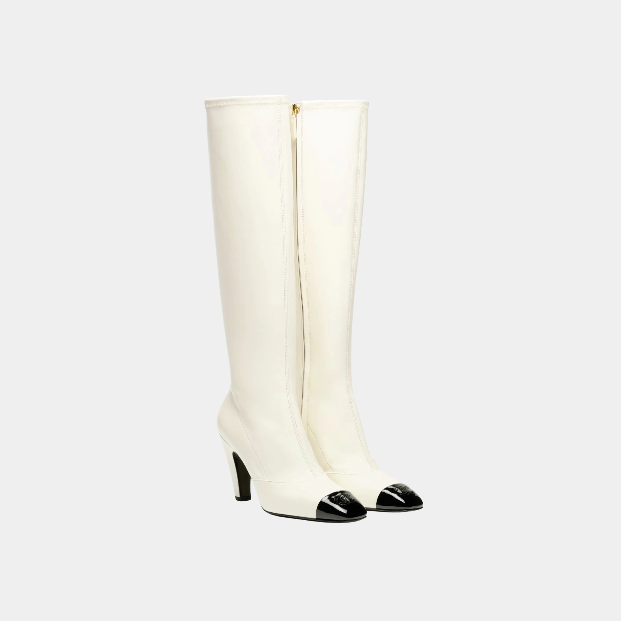 Chanel High Boots in Stretch Lambskin, Lambskin & Patent Calfskin, Ivory Black, Front