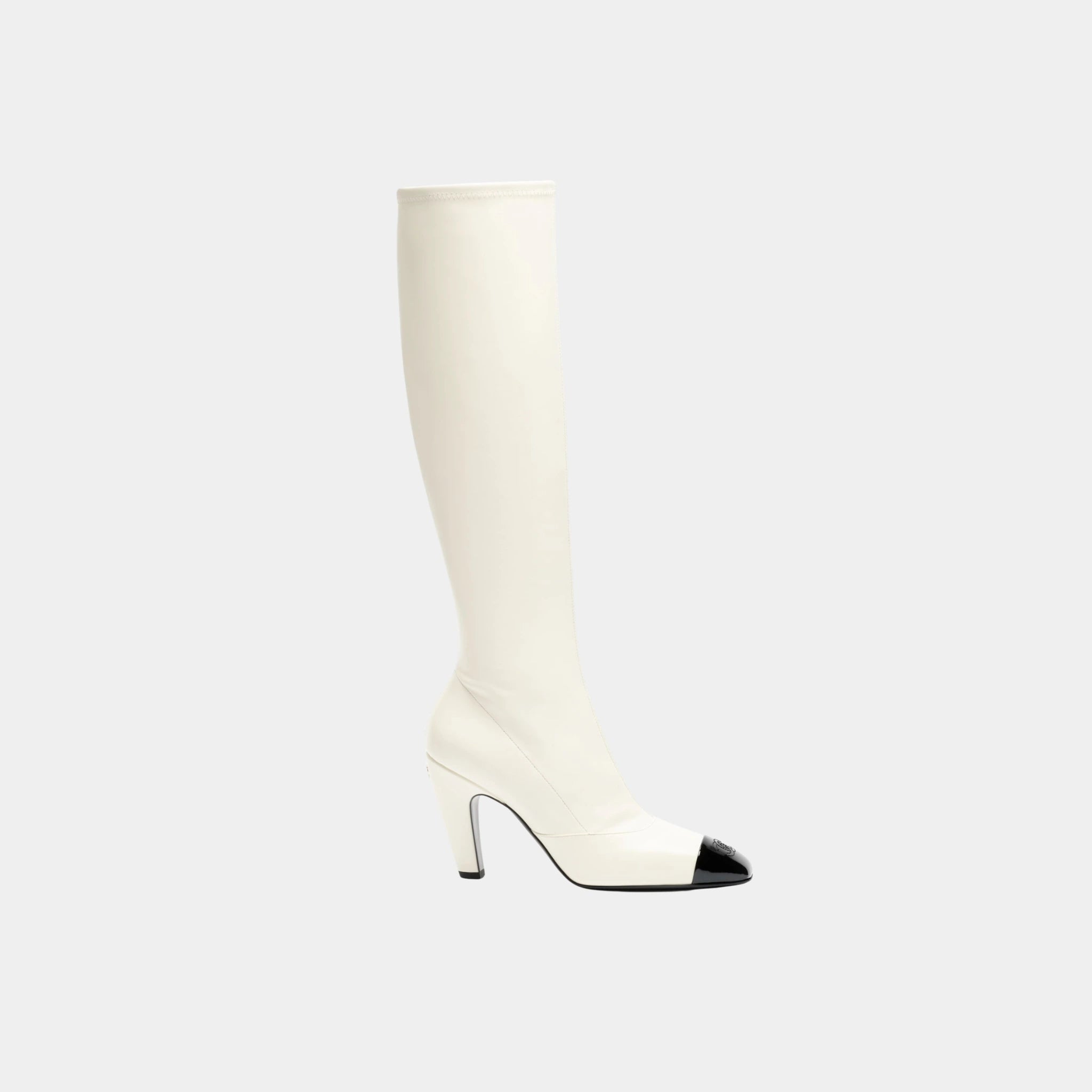 Chanel High Boots in Stretch Lambskin, Lambskin & Patent Calfskin, Ivory Black, Side