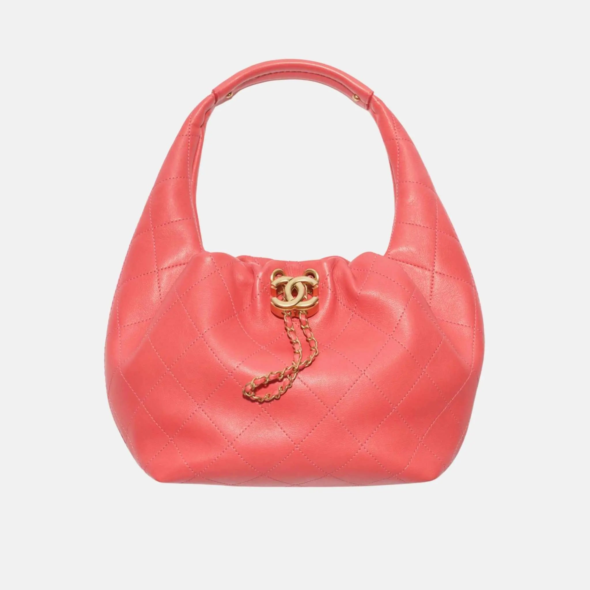 Chanel Hobo Handbag Calfskin Gold Tone Metal, Coral, Front