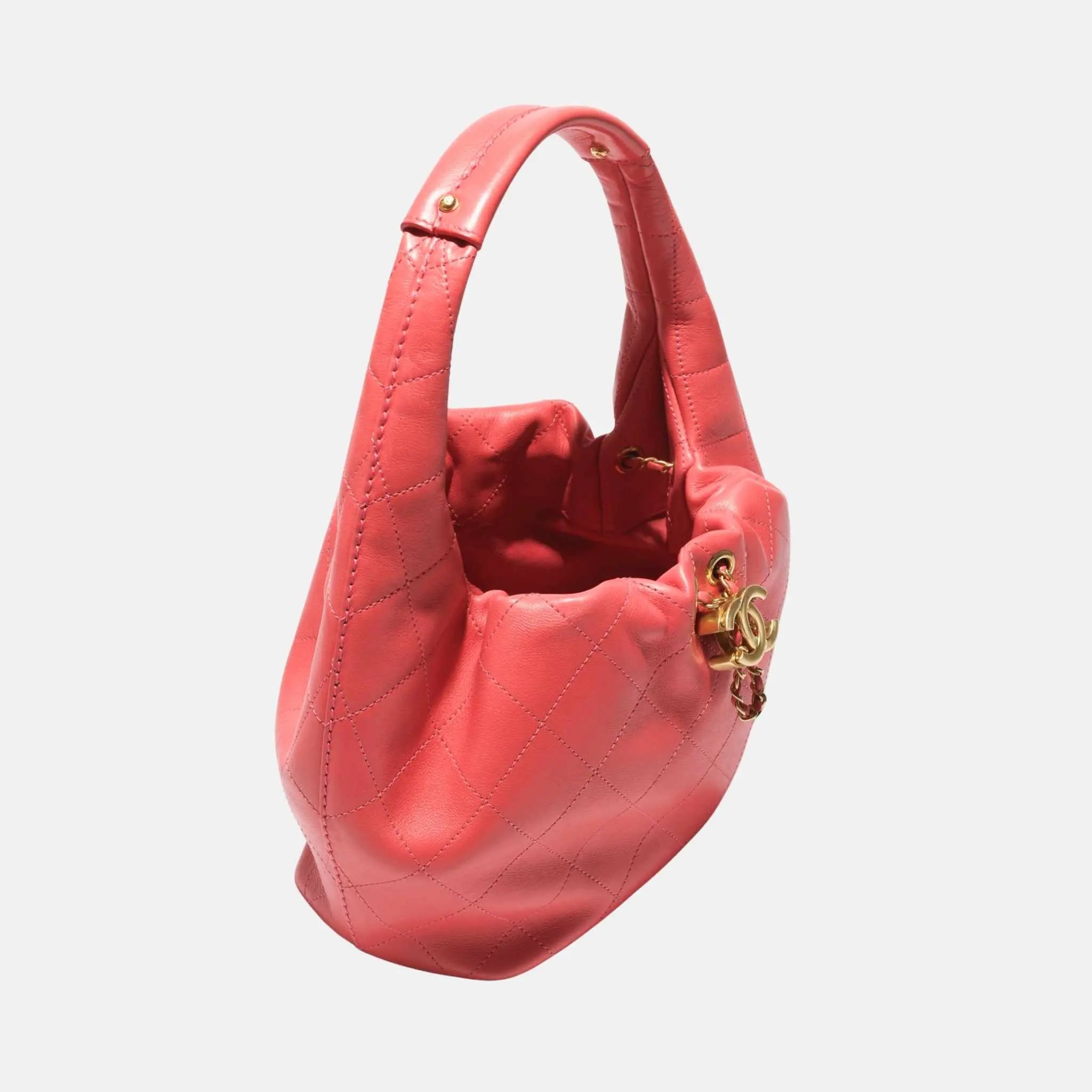 Chanel Hobo Handbag Calfskin Gold Tone Metal, Coral, Top