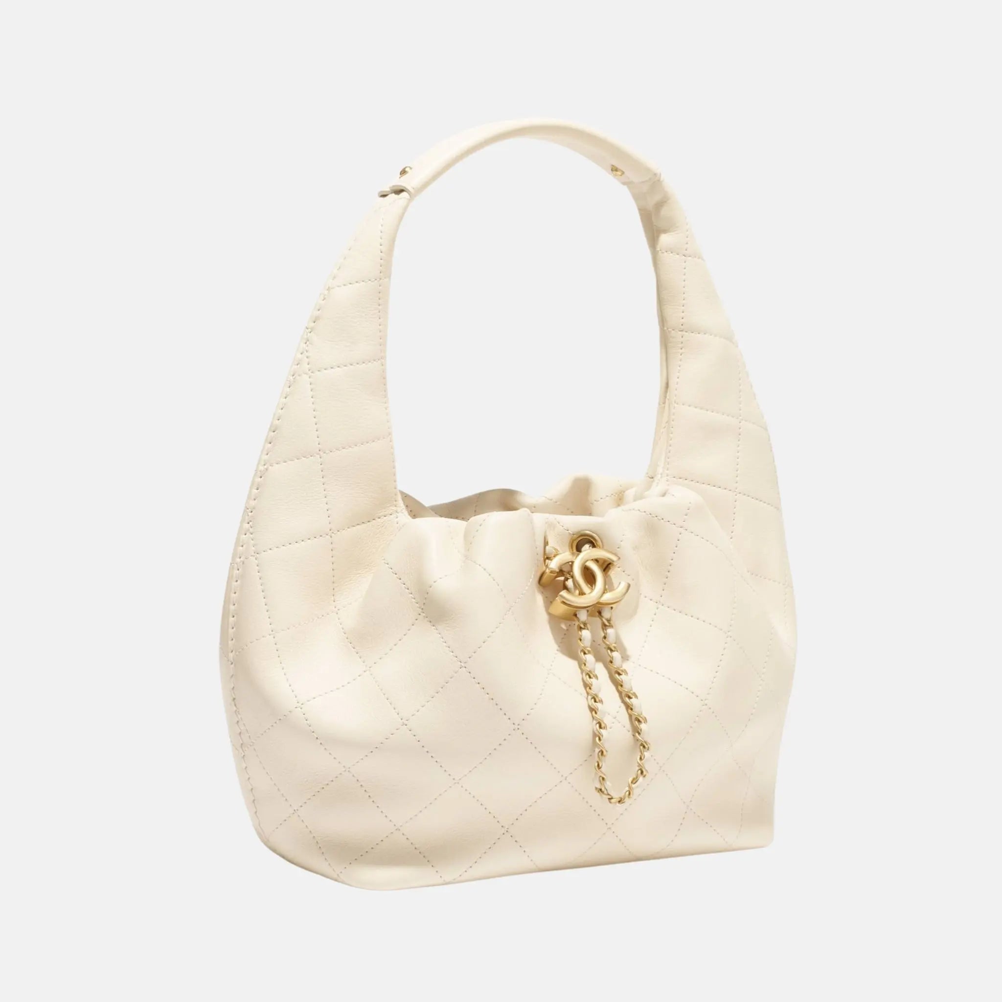 Chanel Hobo Handbag Calfskin Gold Tone Metal, Light Beige, Side