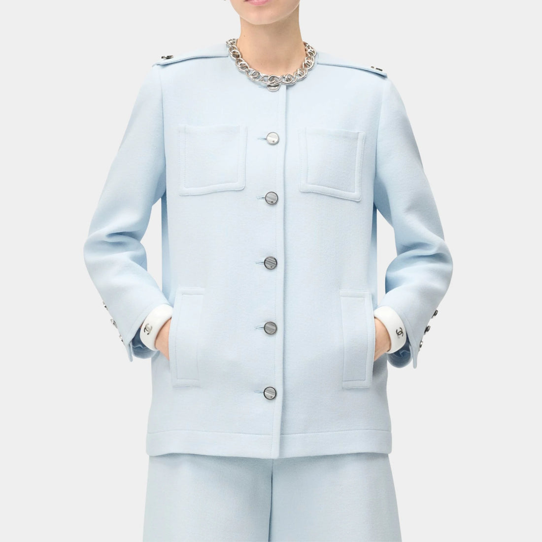 Chanel Jacket Cotton & Mixed Fibres Baby Blue, Front