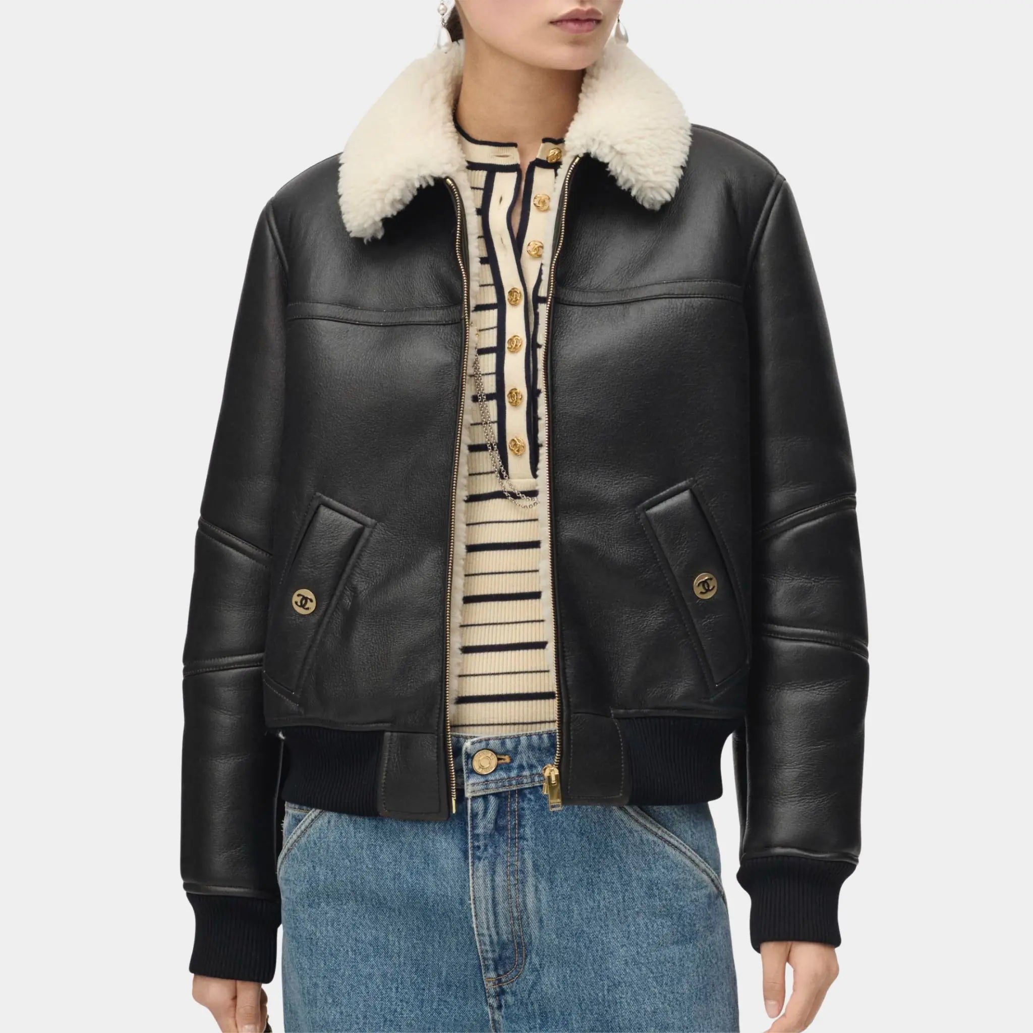 Chanel Jacket Shearling Lambskin Black & White