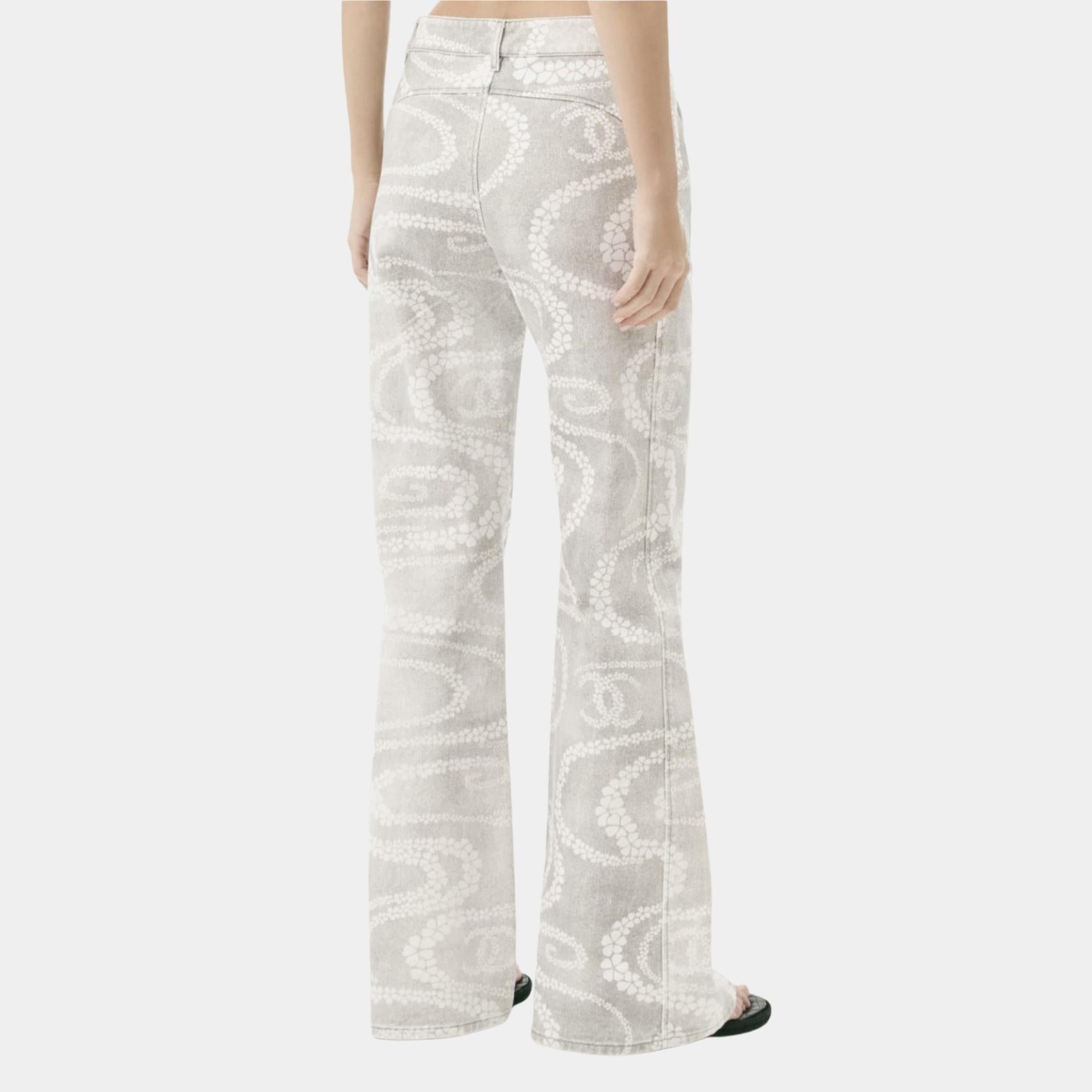 Chanel Jeans In Printed Denim Coco Beach Collection, Grey and White, Back