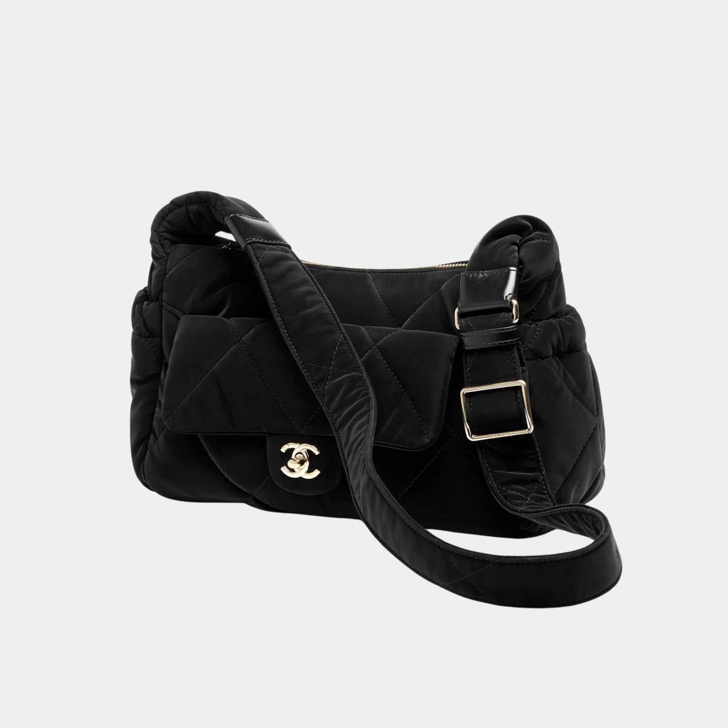 Large Bowling Bag Black Velvet Effect Nylon & Gold Metal , Side