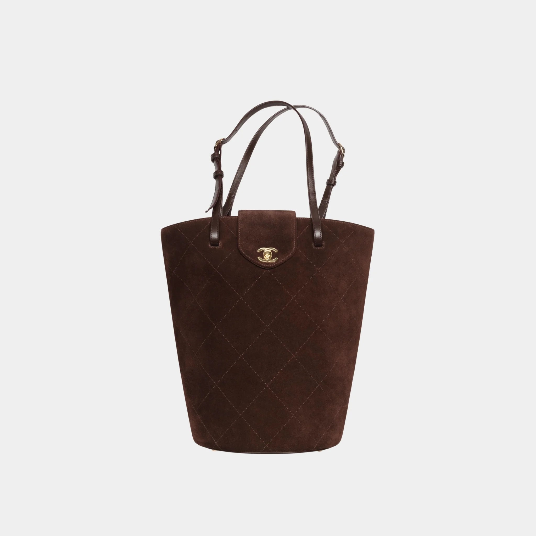 Chanel Large Bucket Bag in Dark Brown Suede Calfskin & Gold Metal, Front