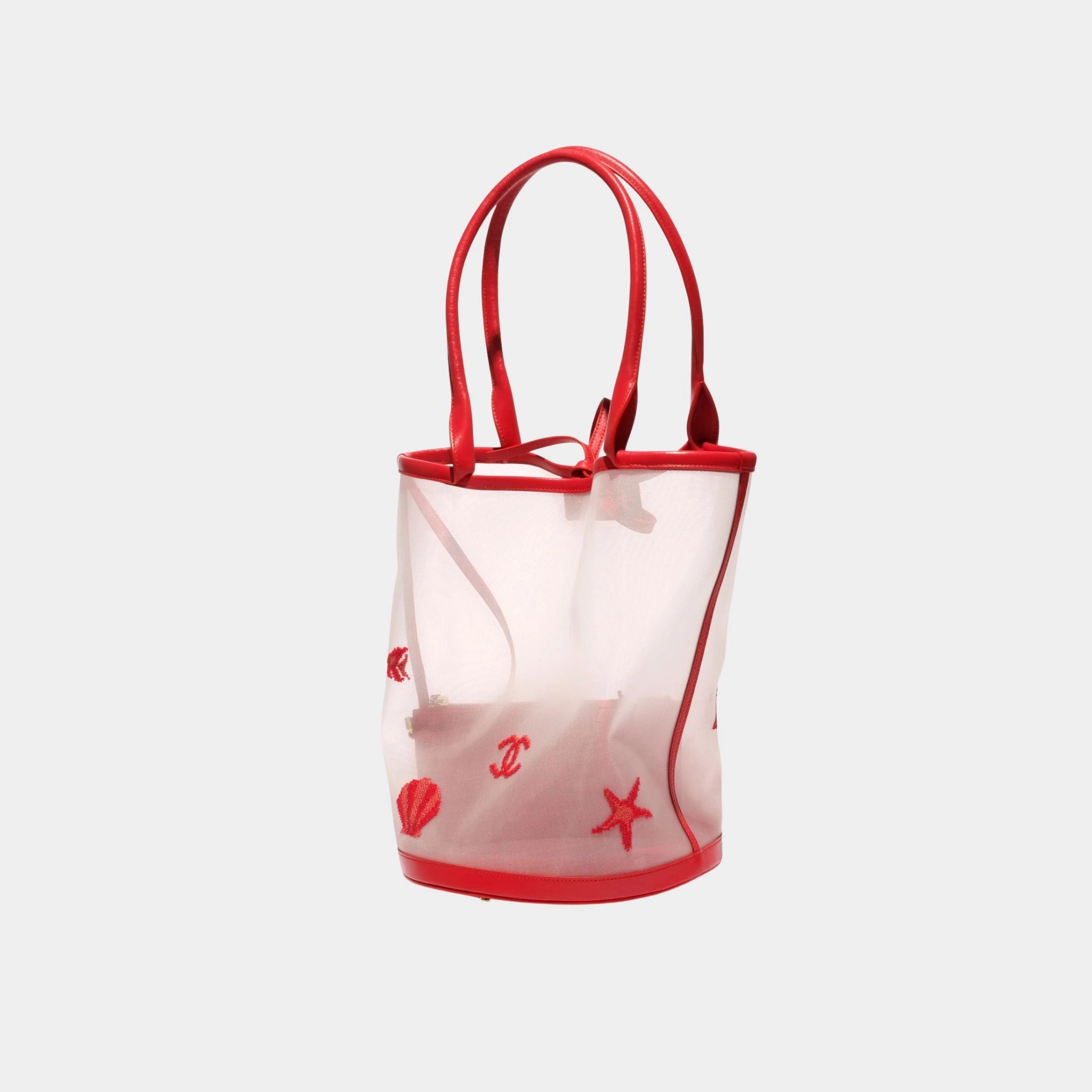 Chanel Large Bucket Bag Embroidered Mesh & Calfskin Transparent & red, Front
