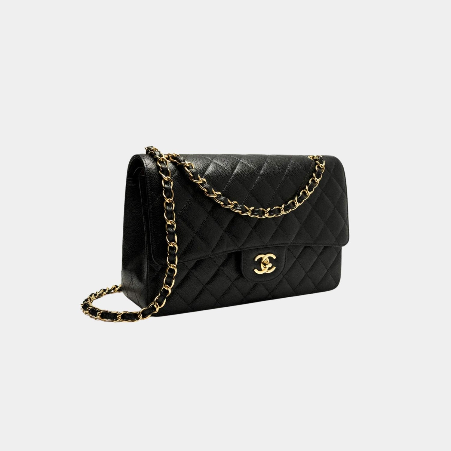 Chanel Large Classic Handbag Grained Calfskin Gold Tone Metal Black, Side