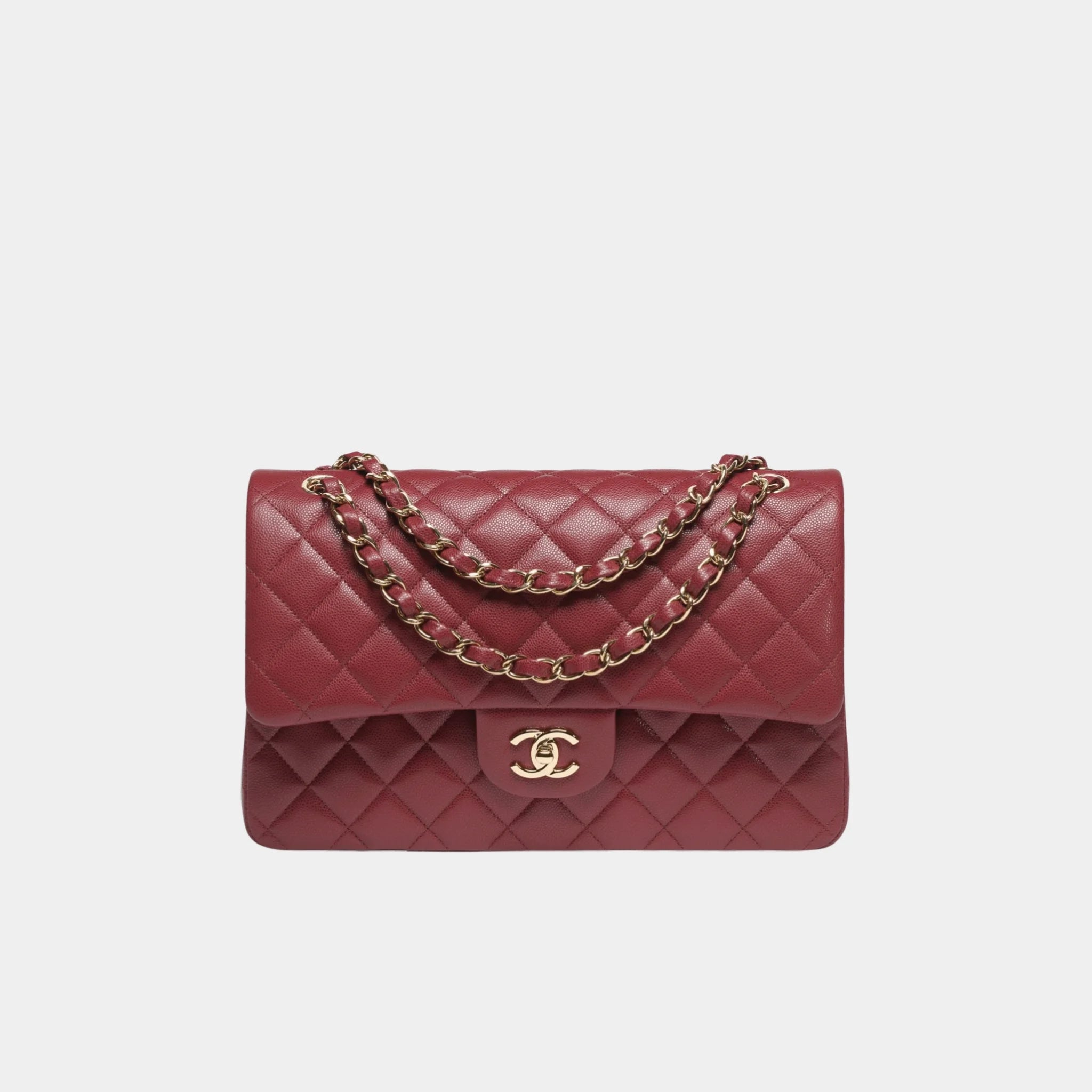 Chanel Large Classic Handbag In Grained Shiny Calfskin And Gold Tone, Burgundy