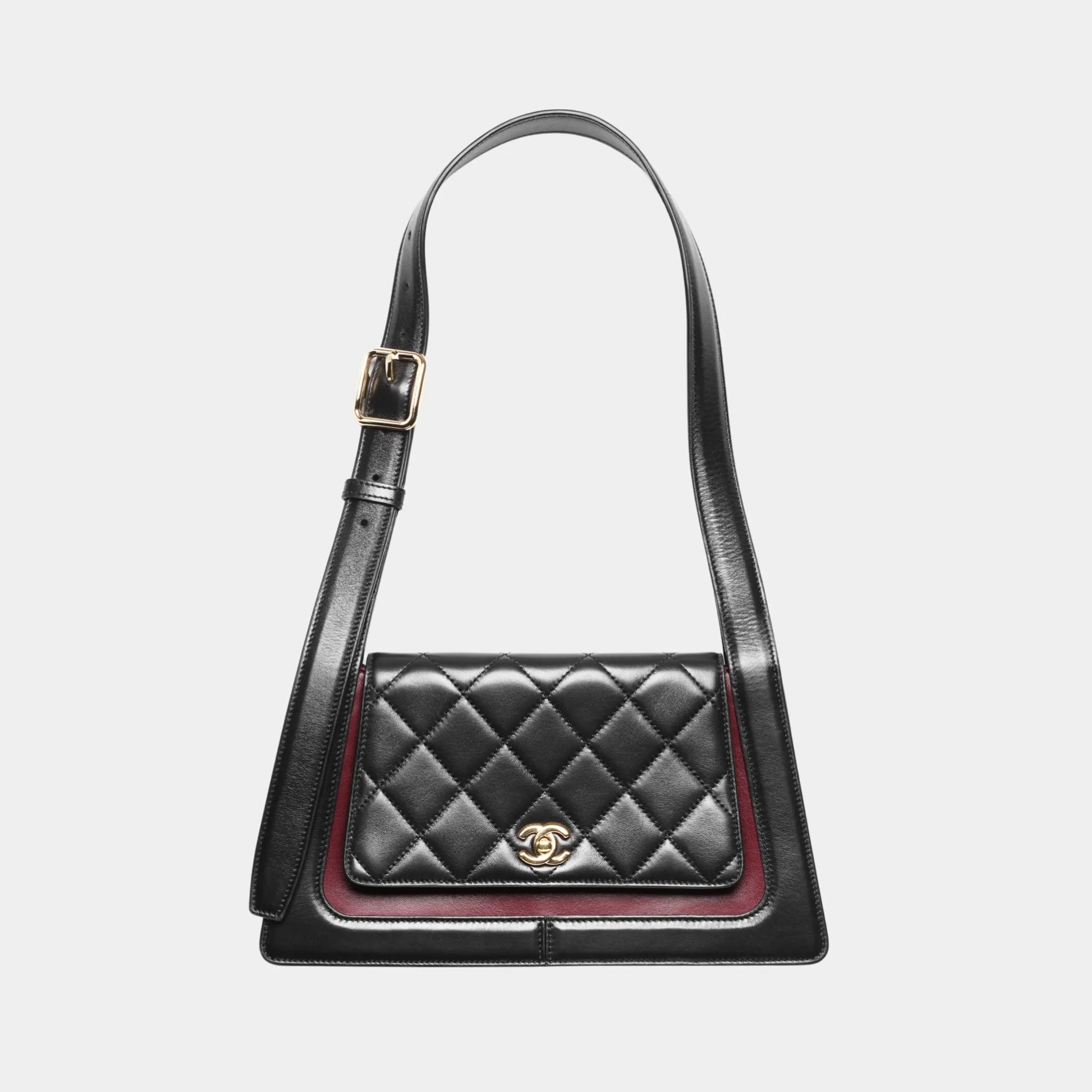 Chanel Large Flap Bag in Black & Dark Burgundy Shiny Calfskin, Front