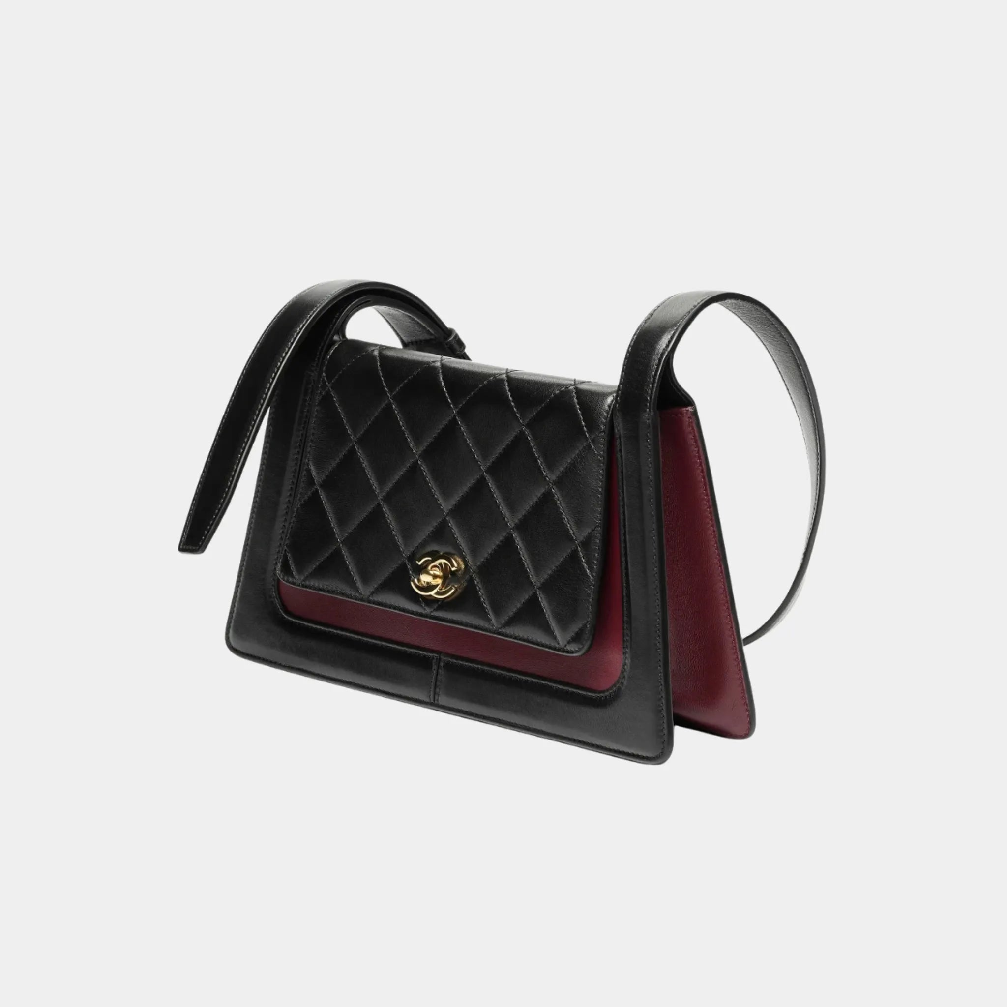 Chanel Large Flap Bag in Black & Dark Burgundy Shiny Calfskin, Side