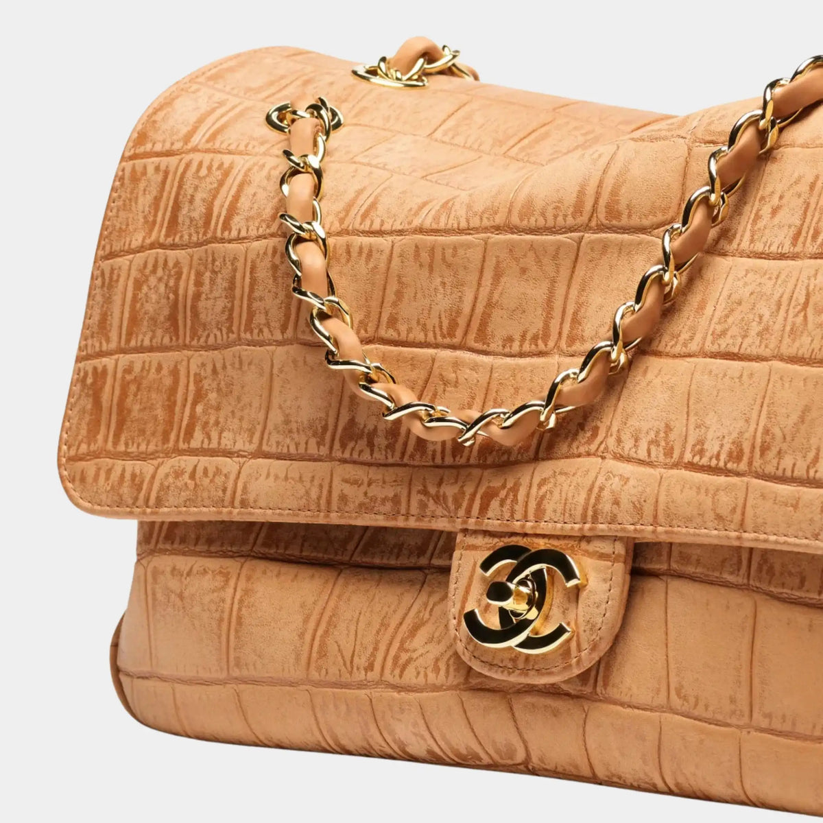 Chanel Large Flap Bag Crocodile Suede Calfskin & Gold-Tone Metal Camel