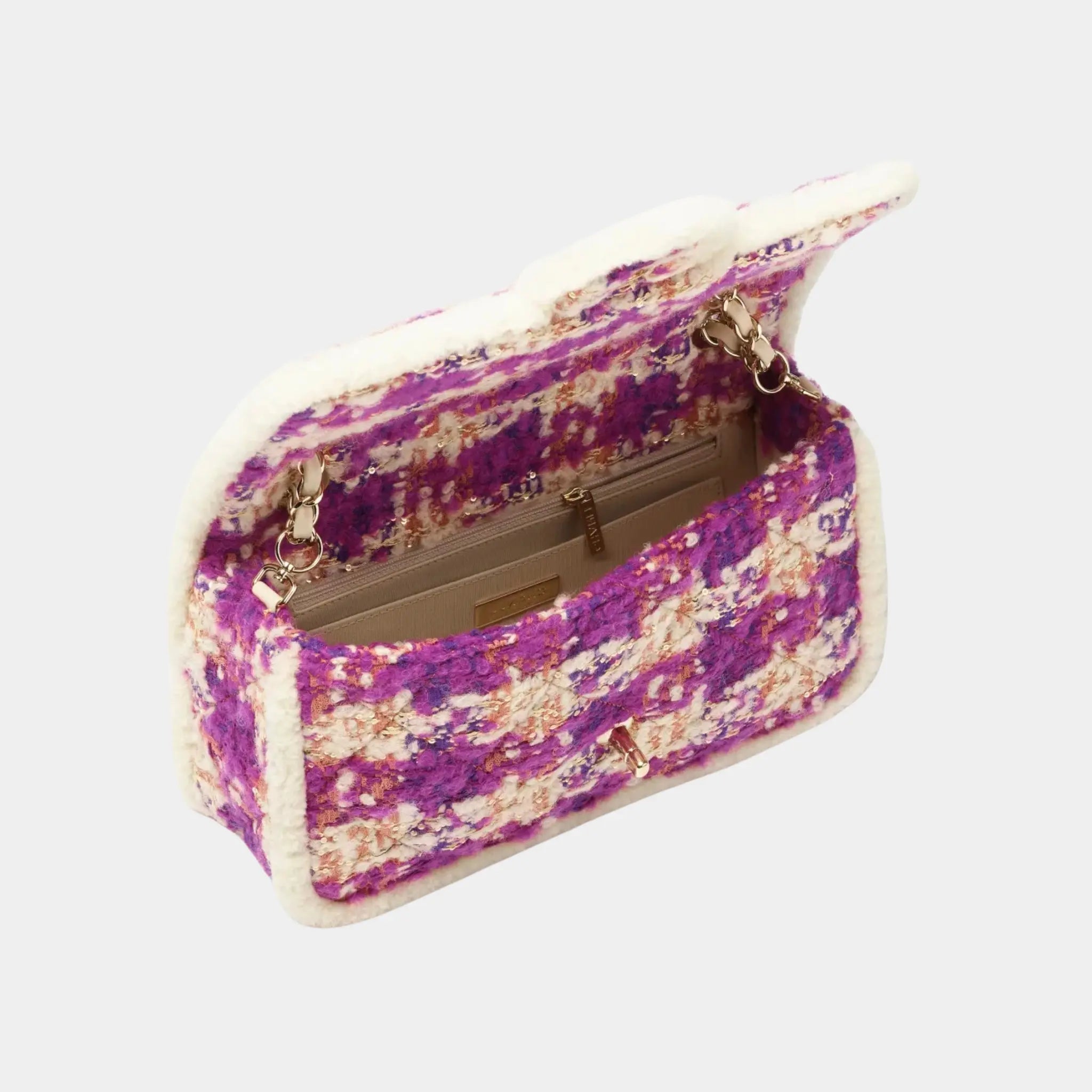 Chanel Large Flap Bag Tweed and Sheepskin with Gold-Tone Metal, Fuchsia, Top