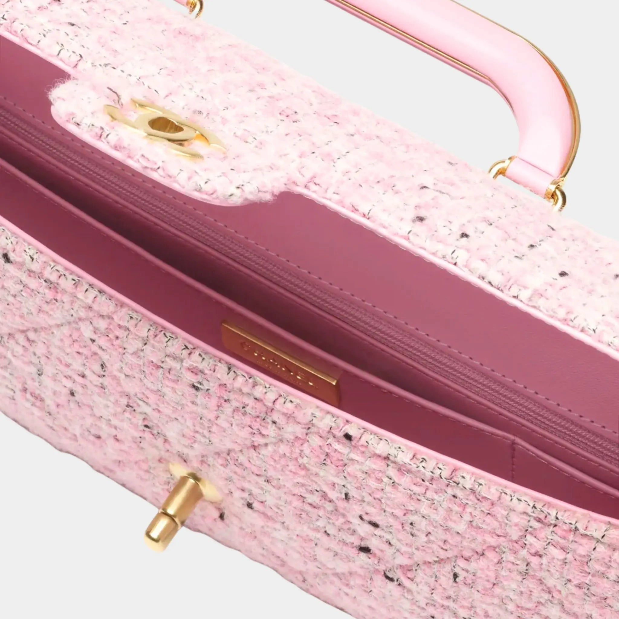 Chanel Small Classic Bag Cotton Tweed & Gold Metal Black, Pink , Black, White, Closeup