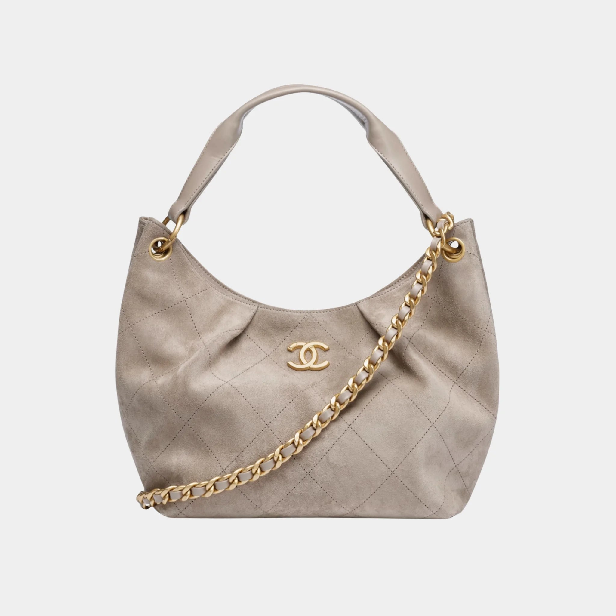 Chanel Large Hobo Bag Suede Calfskin, Lambskin & Gold-Tone Metal, Dark Grey, Front