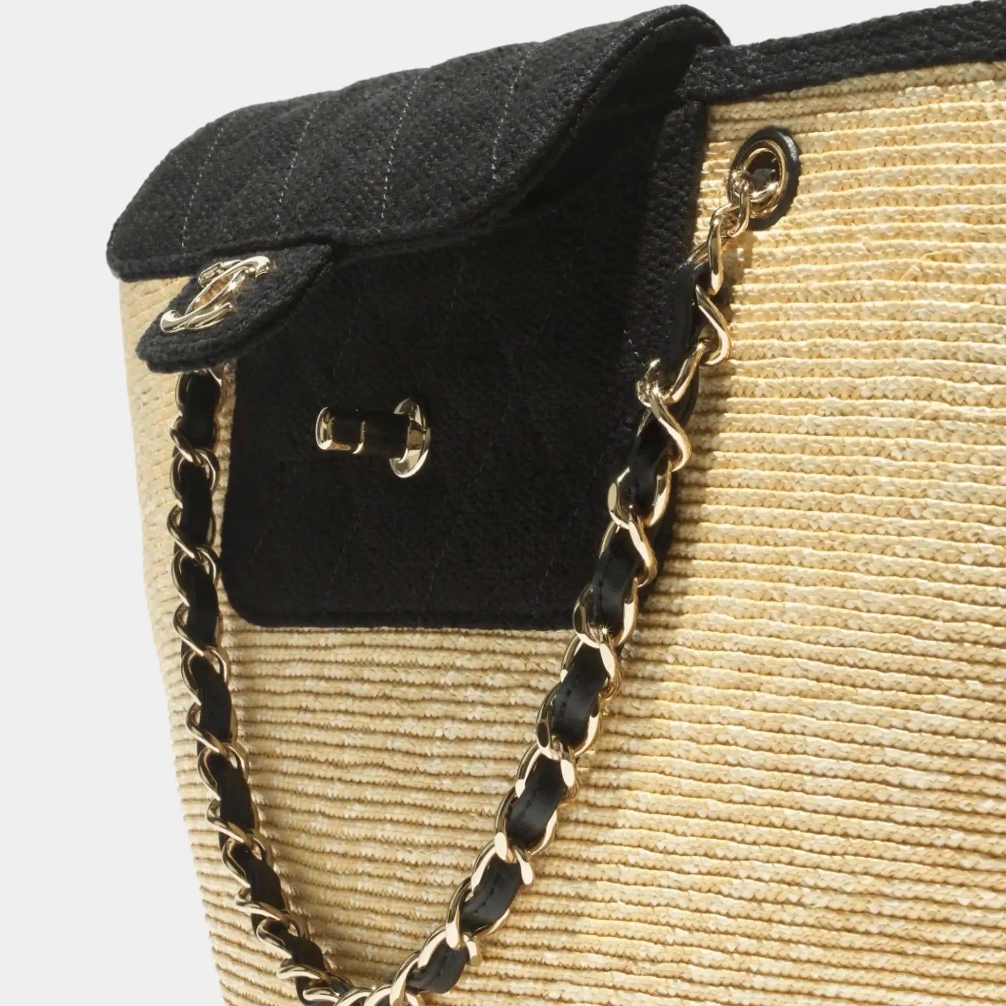Chanel Large tote Bag Straw Canvas Lambskin & Metal Beige & Black