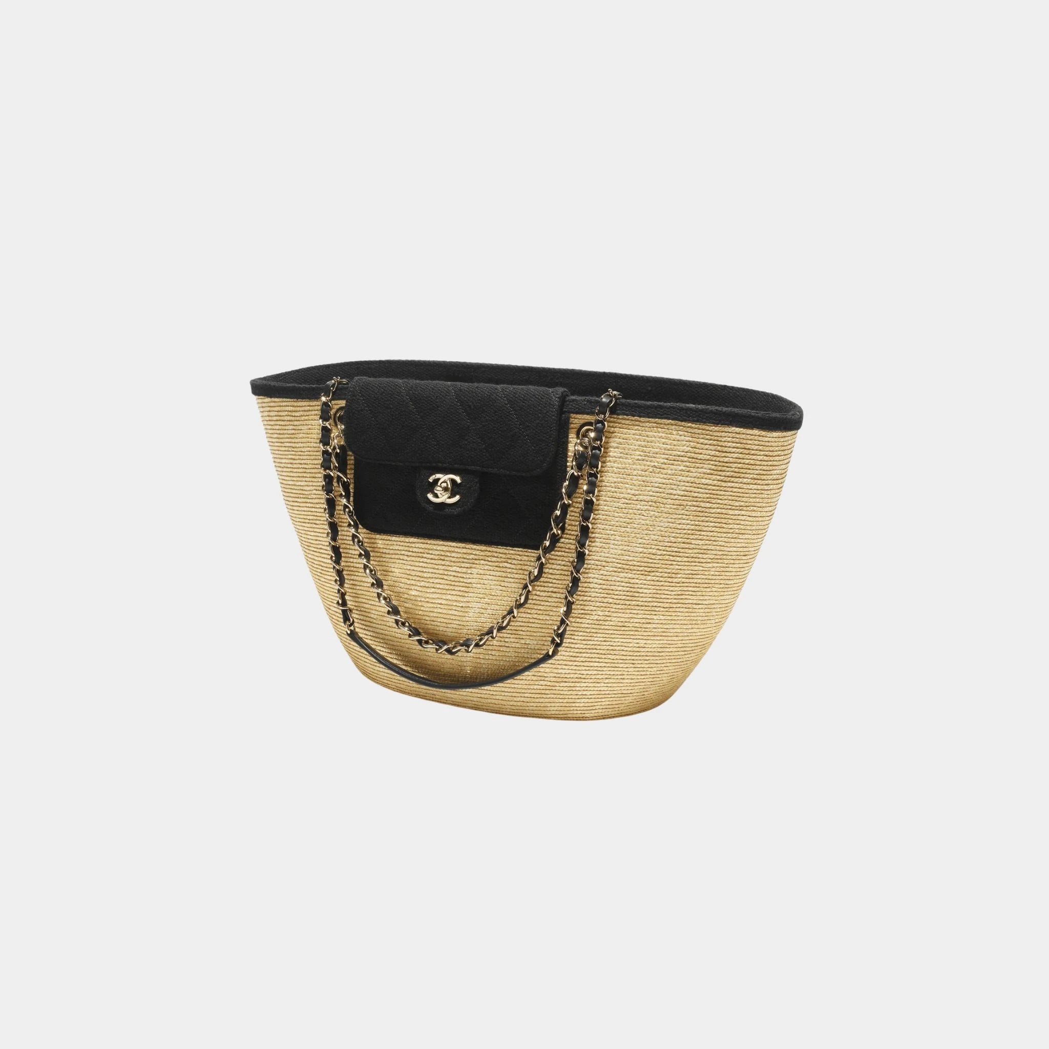 Chanel Large tote Bag Straw Canvas Lambskin & Metal Beige & Black
