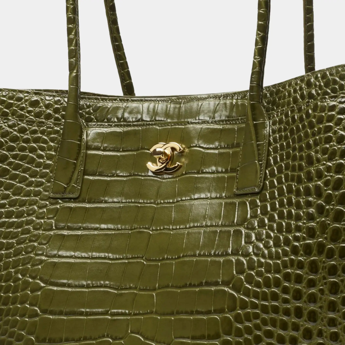 Large Tote Bag Crocodile-Embossed Calfskin & Gold-Tone Metal Khaki