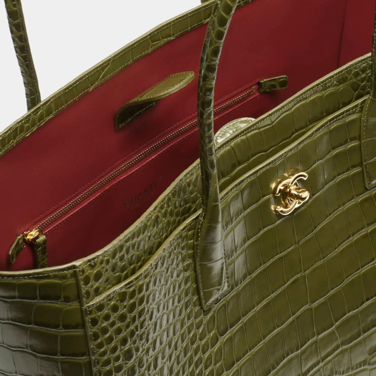 Large Tote Bag Crocodile-Embossed Calfskin & Gold-Tone Metal Khaki