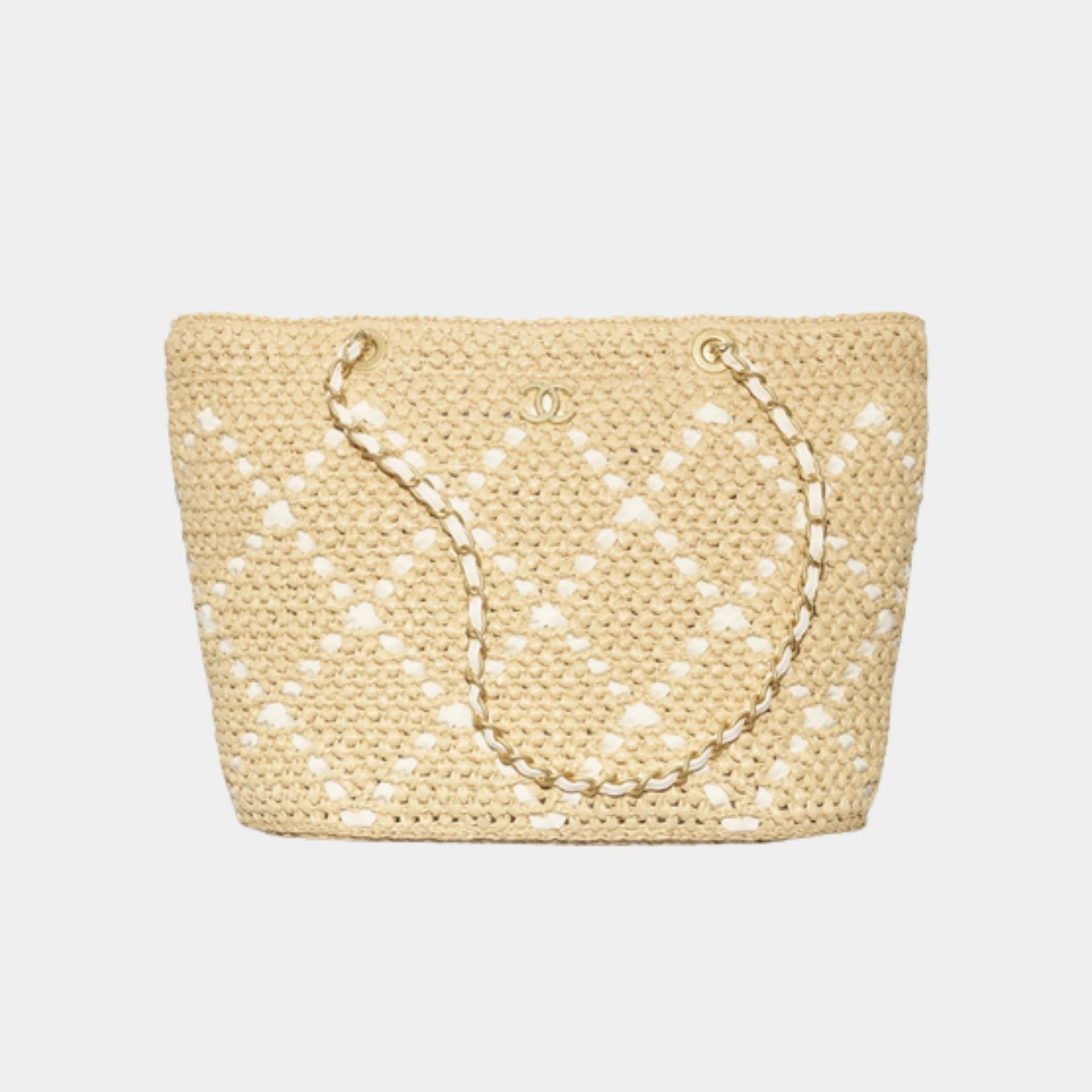 Large Tote Braided Raffia Cotton Grosgain Ribbon & gold tone metal