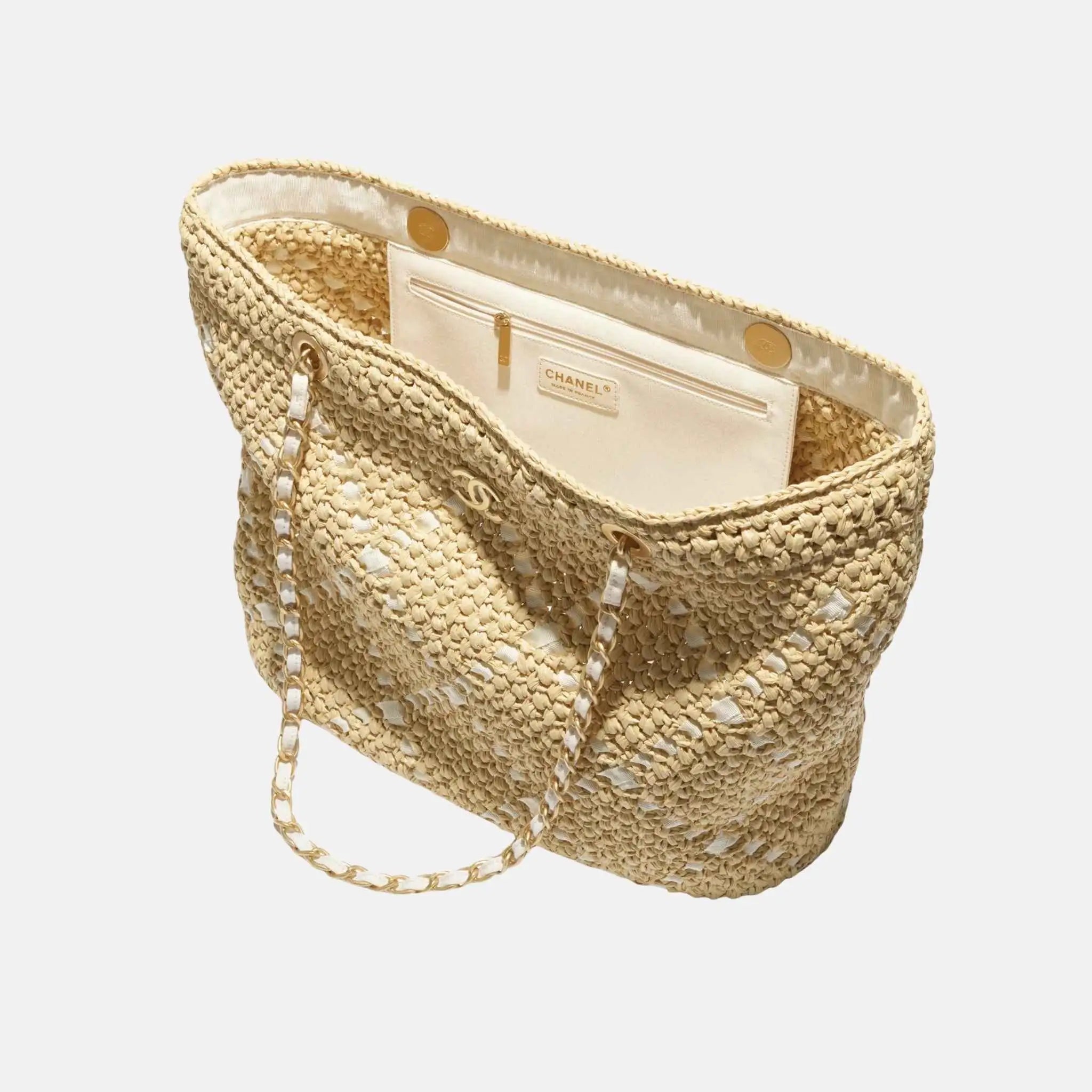 Large Tote Braided Raffia Cotton Grosgain Ribbon & gold tone metal