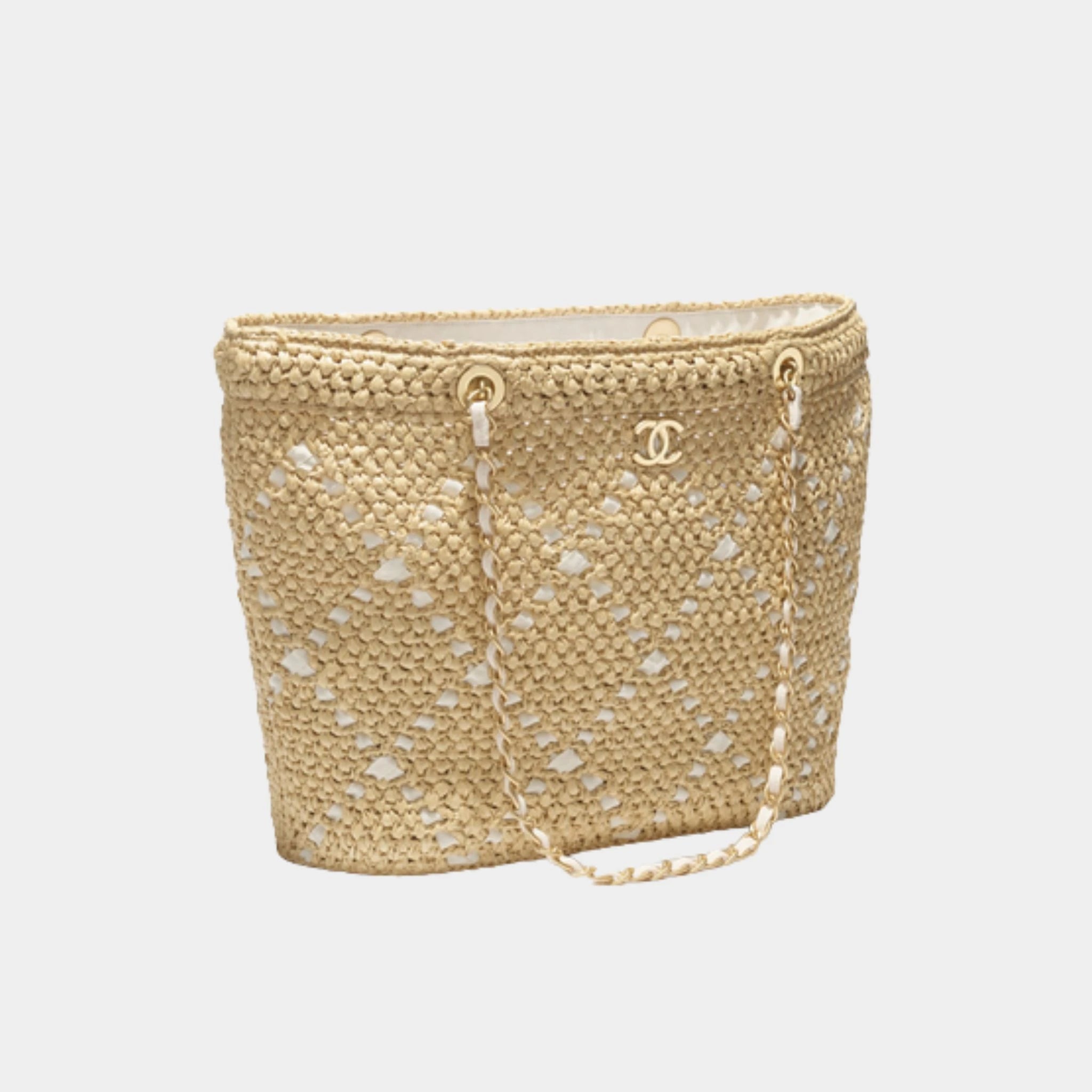 Large Tote Braided Raffia Cotton Grosgain Ribbon & gold tone metal