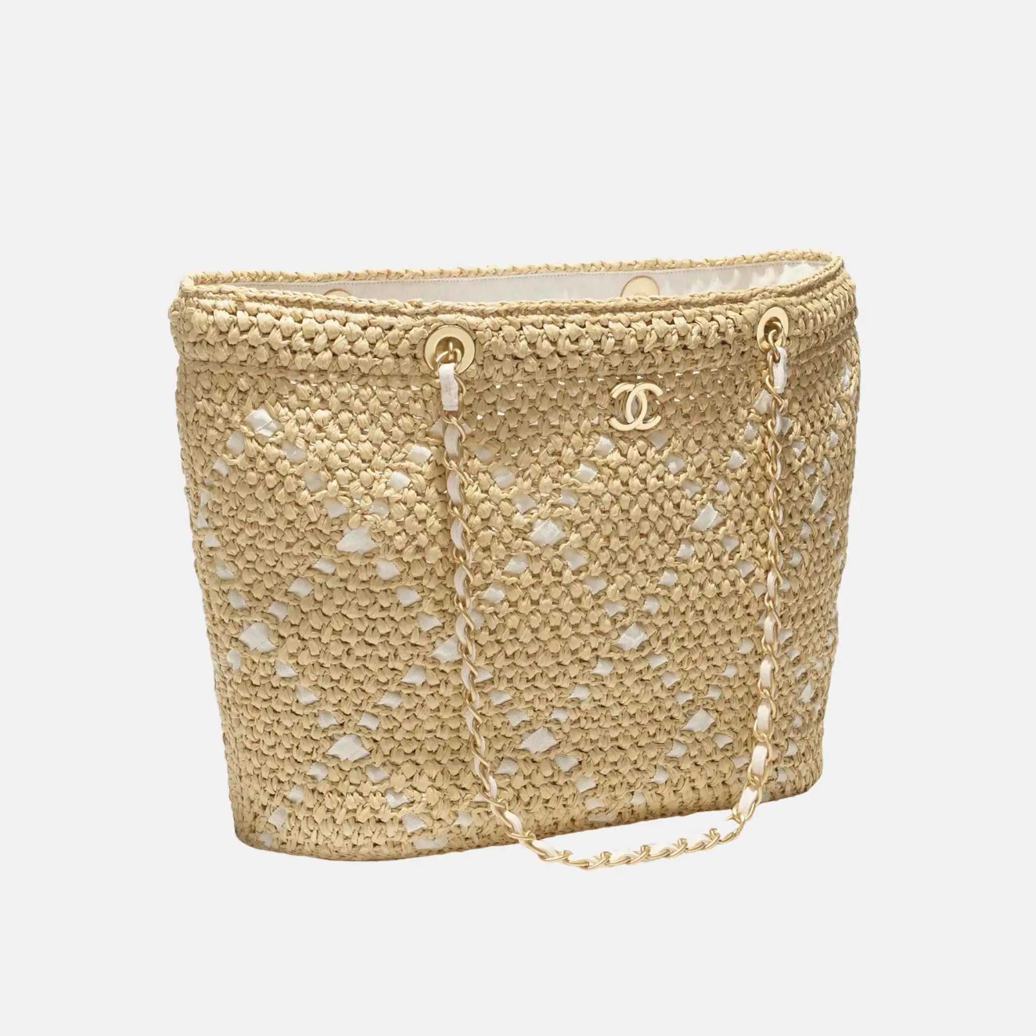 Large Tote Braided Raffia Cotton Grosgain Ribbon & gold tone metal