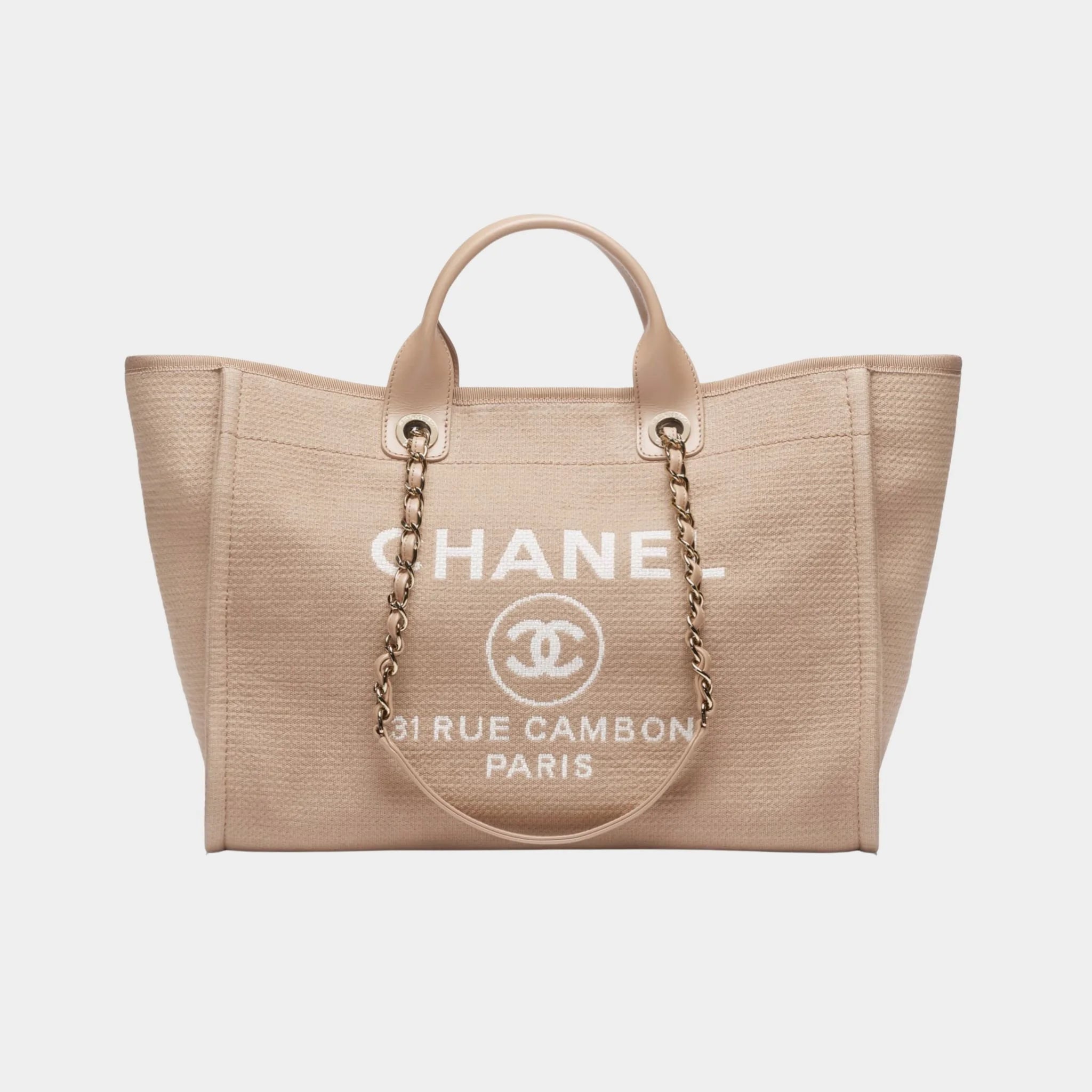 Chanel Large Tote Canvas & Gold Tone Metal Dark Beige, Front