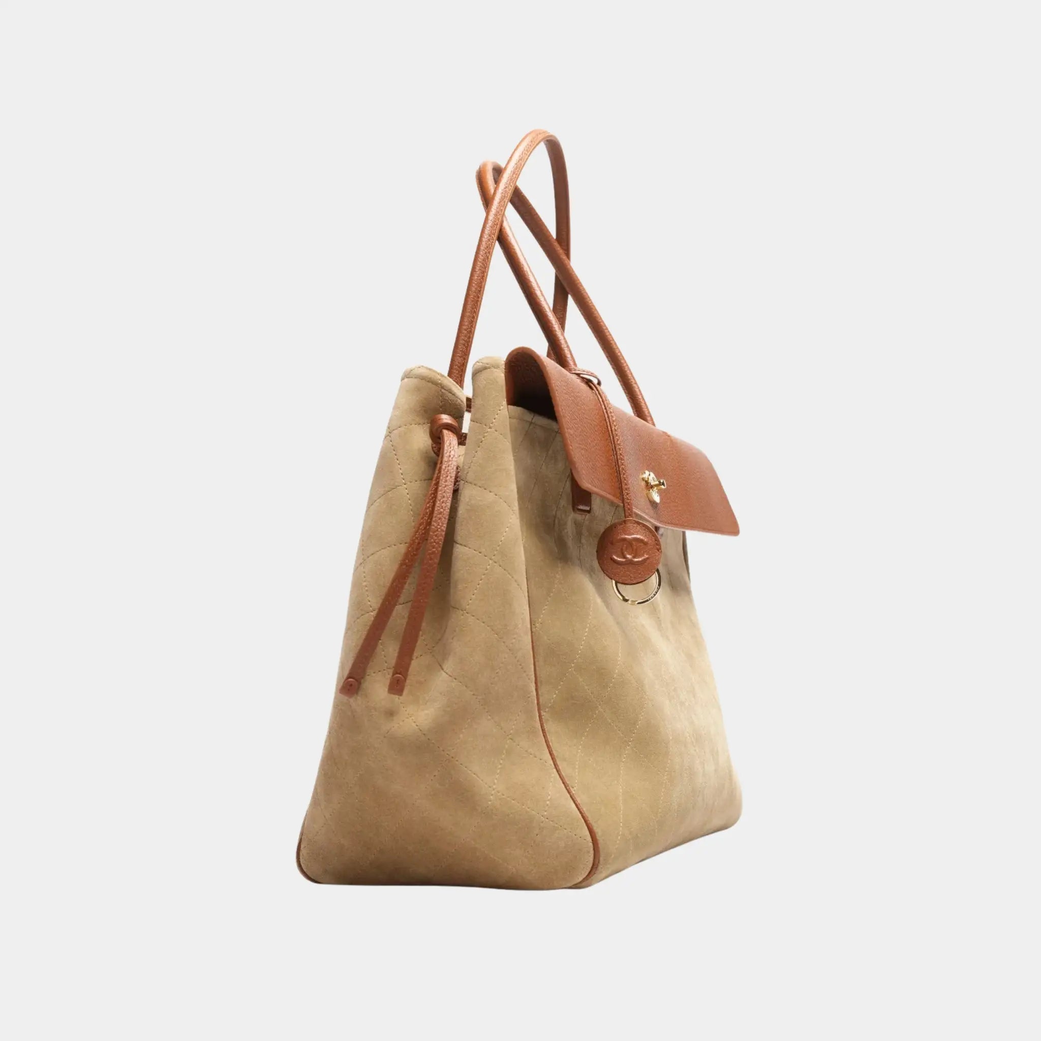 Chanel Large Tote in Suede & Grained Calfskin, Dark Beige, Camel, Side