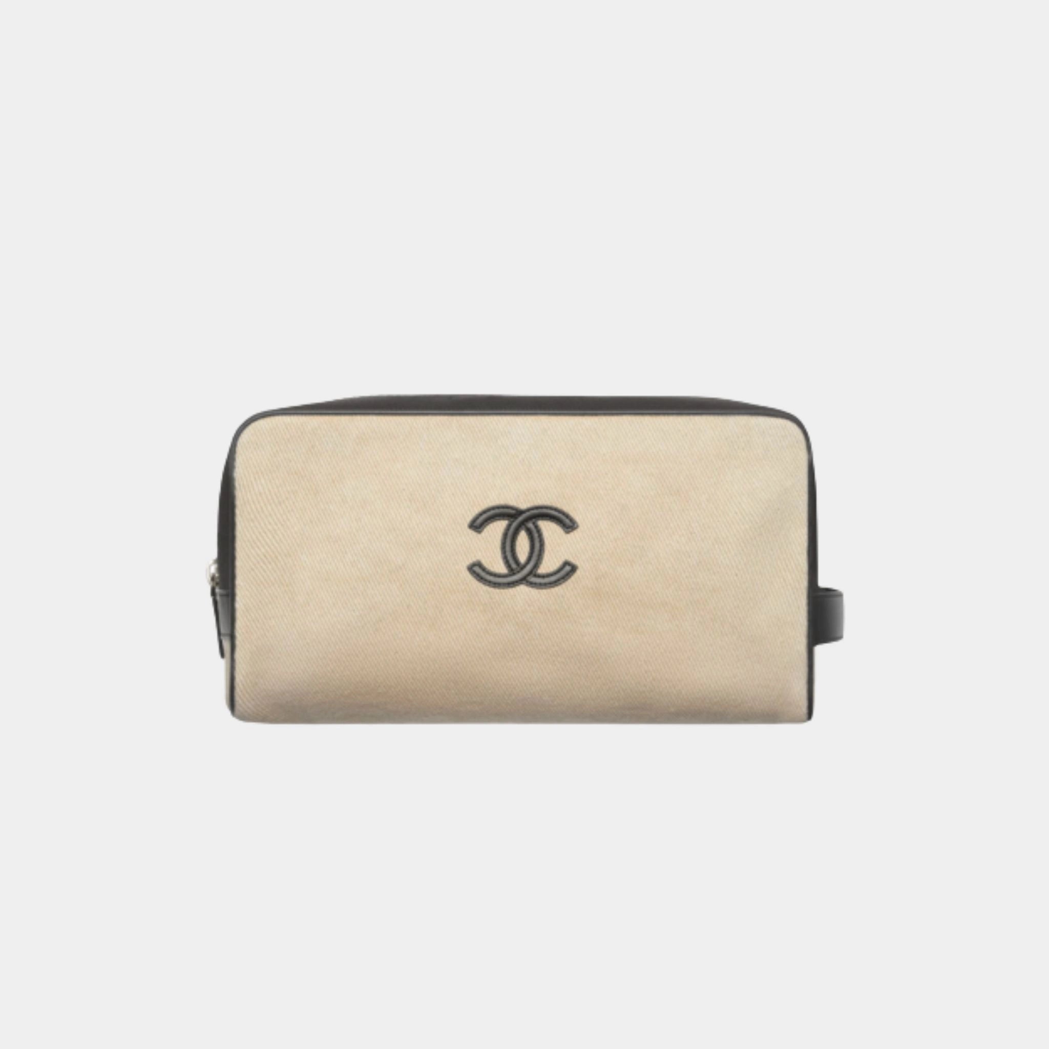 Large Zippered Pouch Canvas Calfskin & Silver-Plated Metal