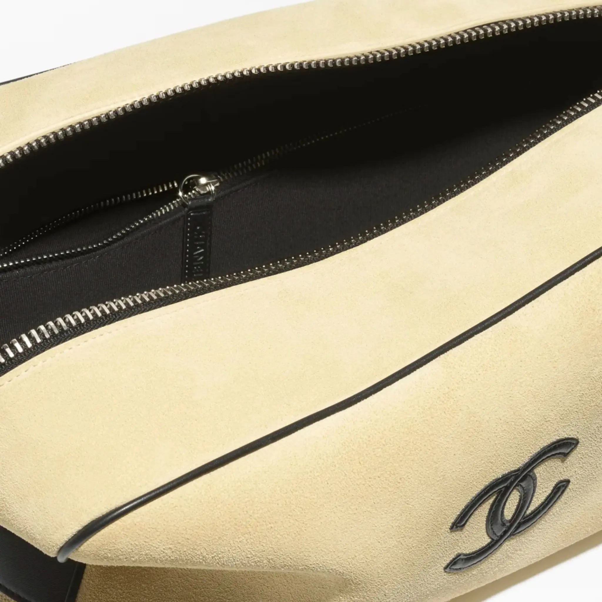 Large Zippered Pouch Suede Calfskin & Silver-Plated Metal Beige