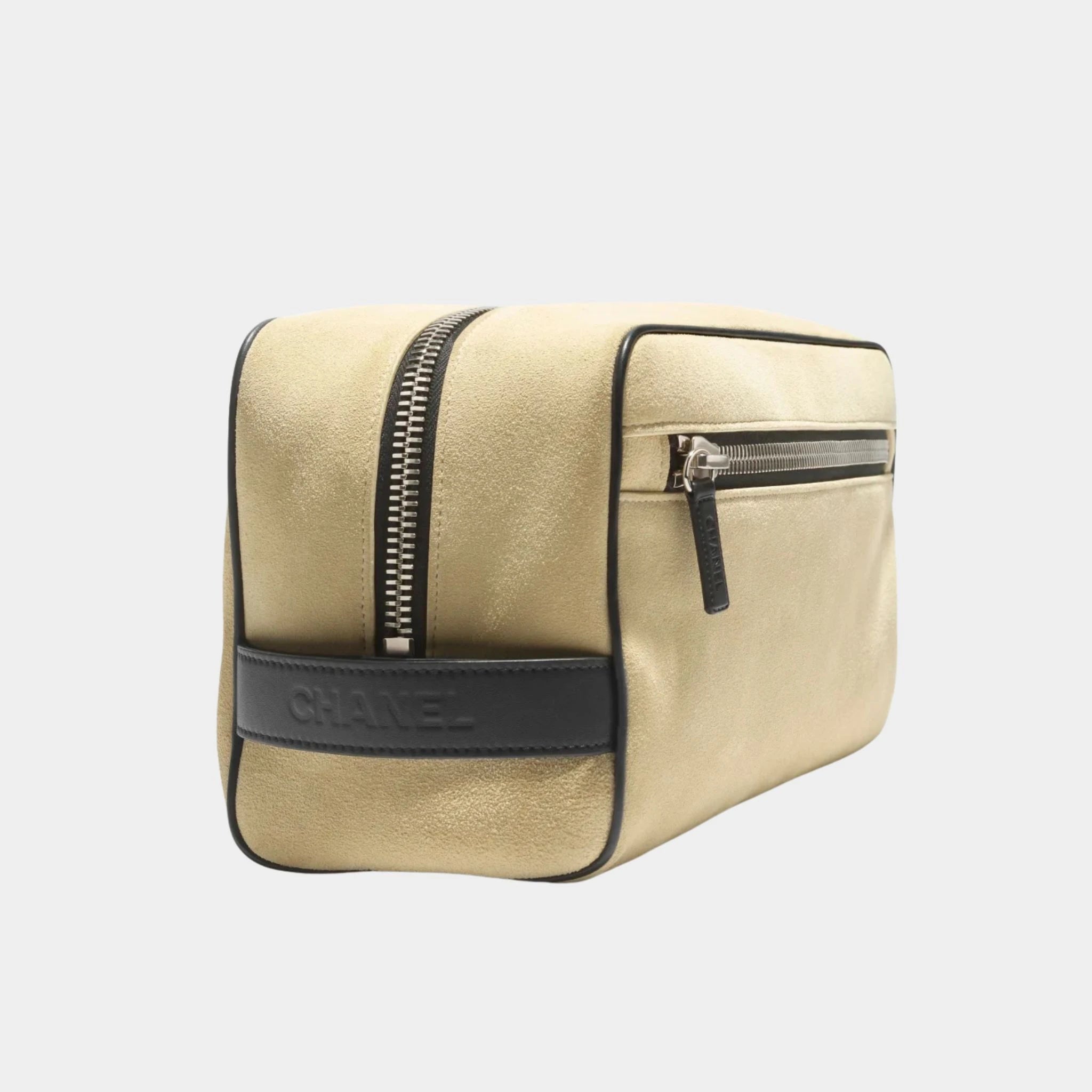 Large Zippered Pouch Suede Calfskin & Silver-Plated Metal Beige