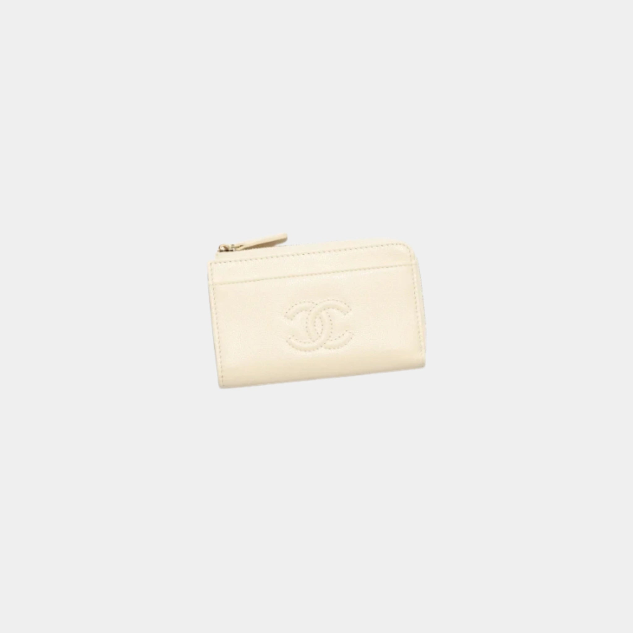 Chanel Light Beige Zipped Card Holder Grained Shiny Calfskin, Front