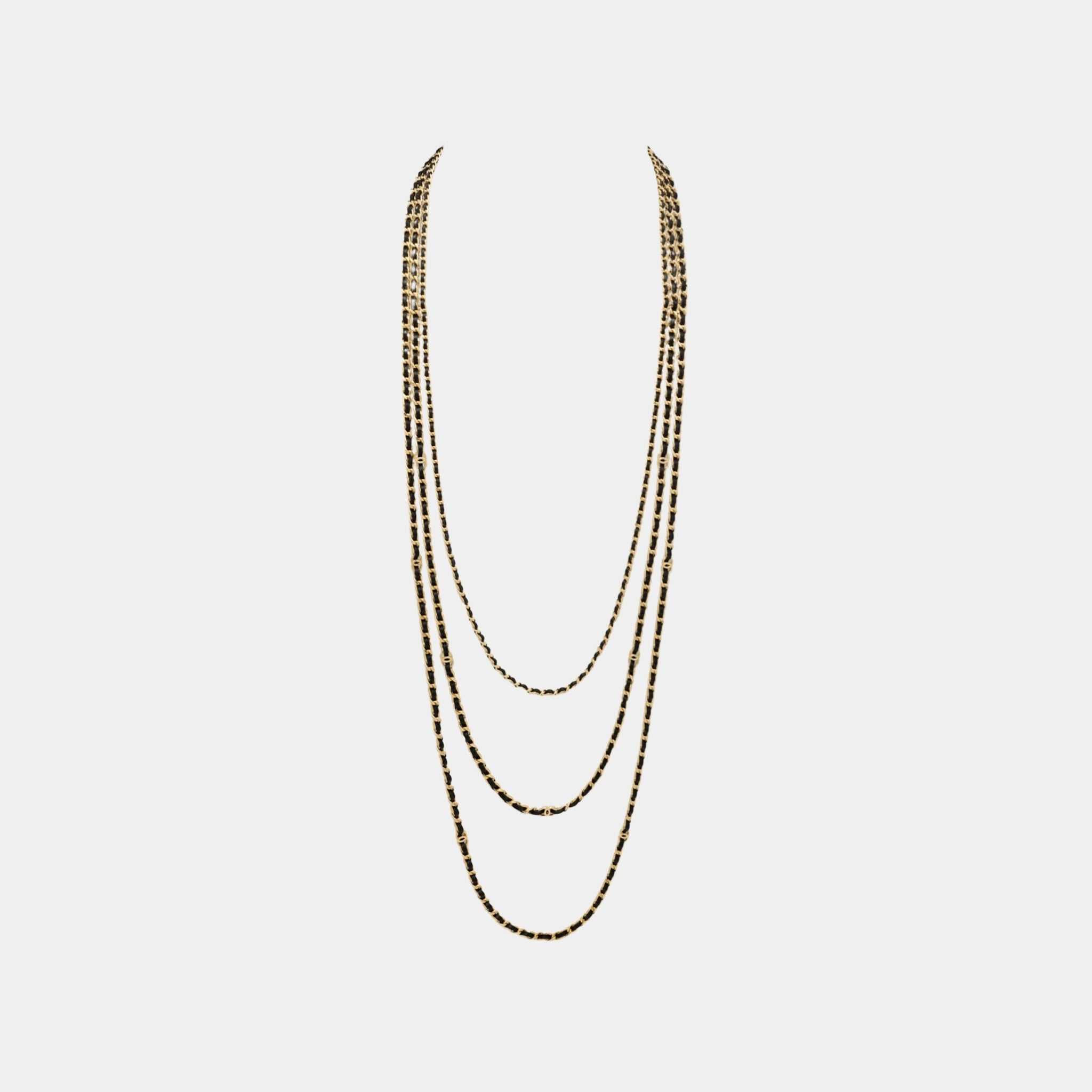 Chanel Long Layered Necklace in Gold Metal & Black Lambskin, Front