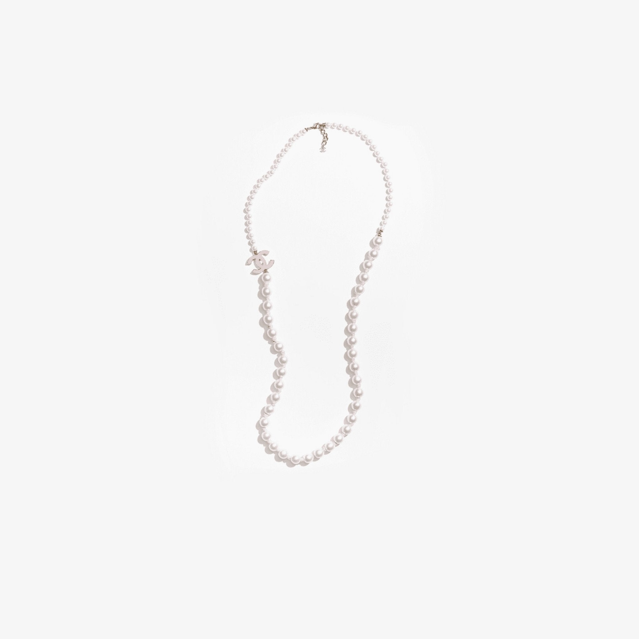 Chanel Long Necklace Metal Glass & Imitation Pearls Silk Resin, Pink, Top