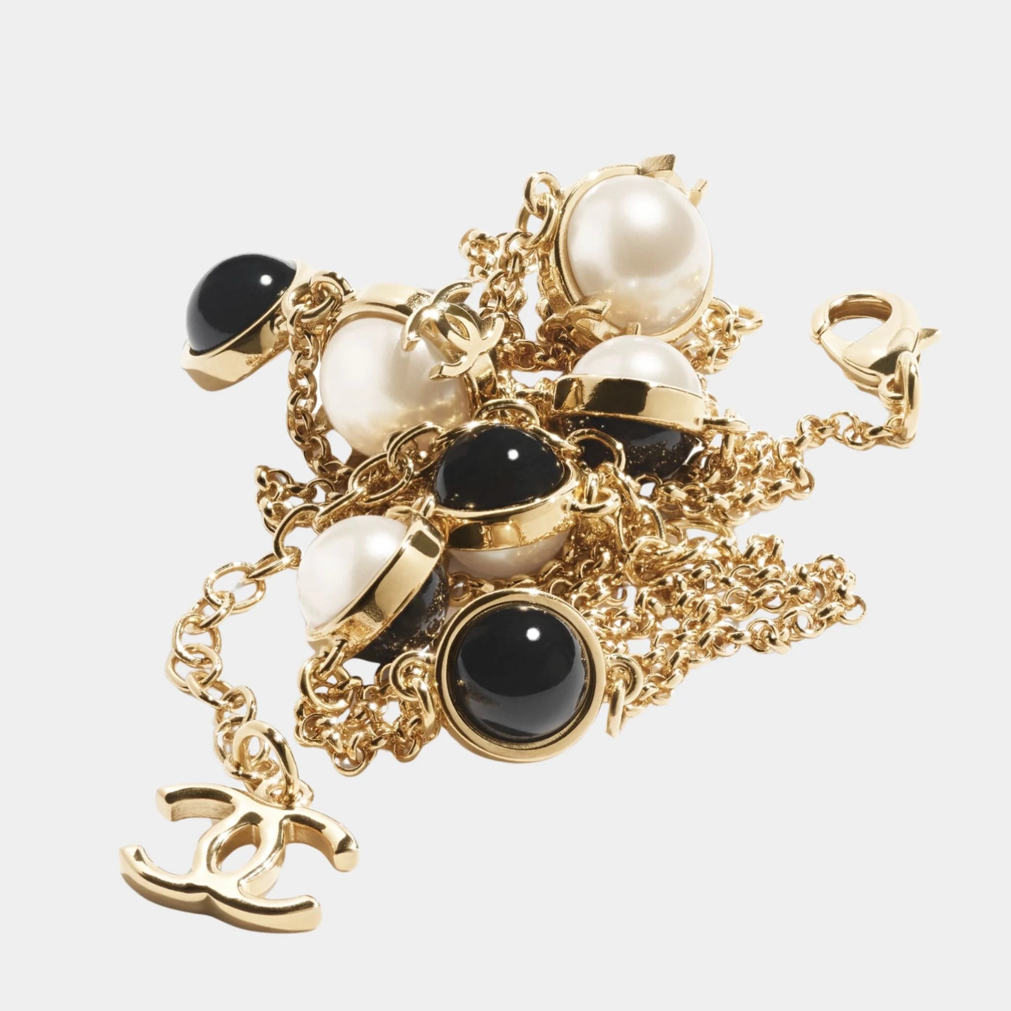 Long Necklace Metal & Resin Gold Black & Pearly White