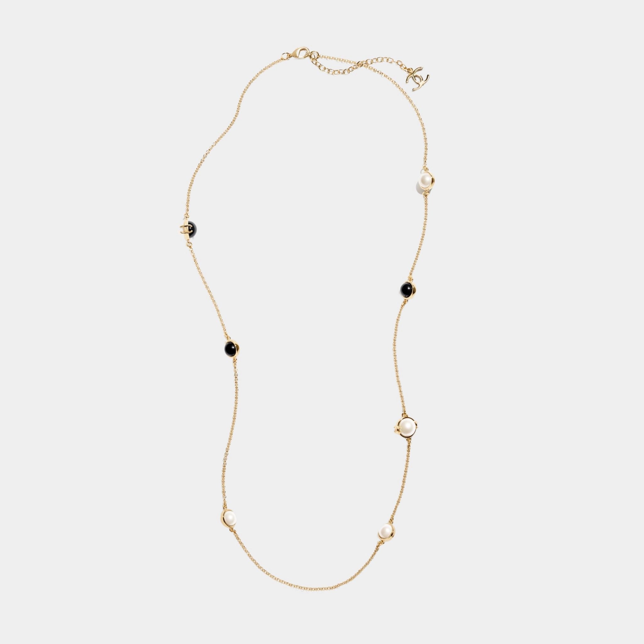 Long Necklace Metal & Resin Gold Black & Pearly White