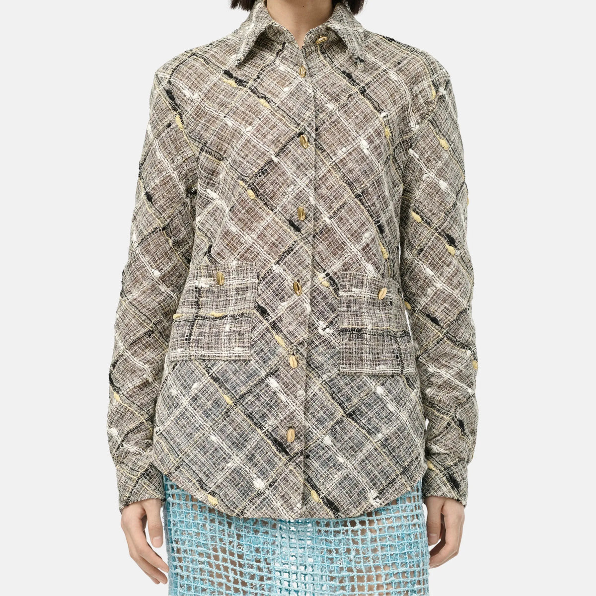 Chanel Long Sleeved Shirt Cotton Tweed in Black Grey and Yellow