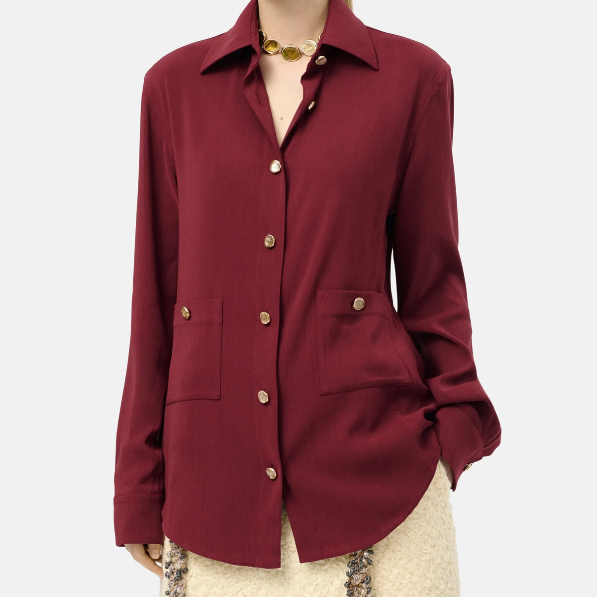 Chanel Long Sleeved Shirt Wool and Silk Mixed Fibres in Cranberry Red