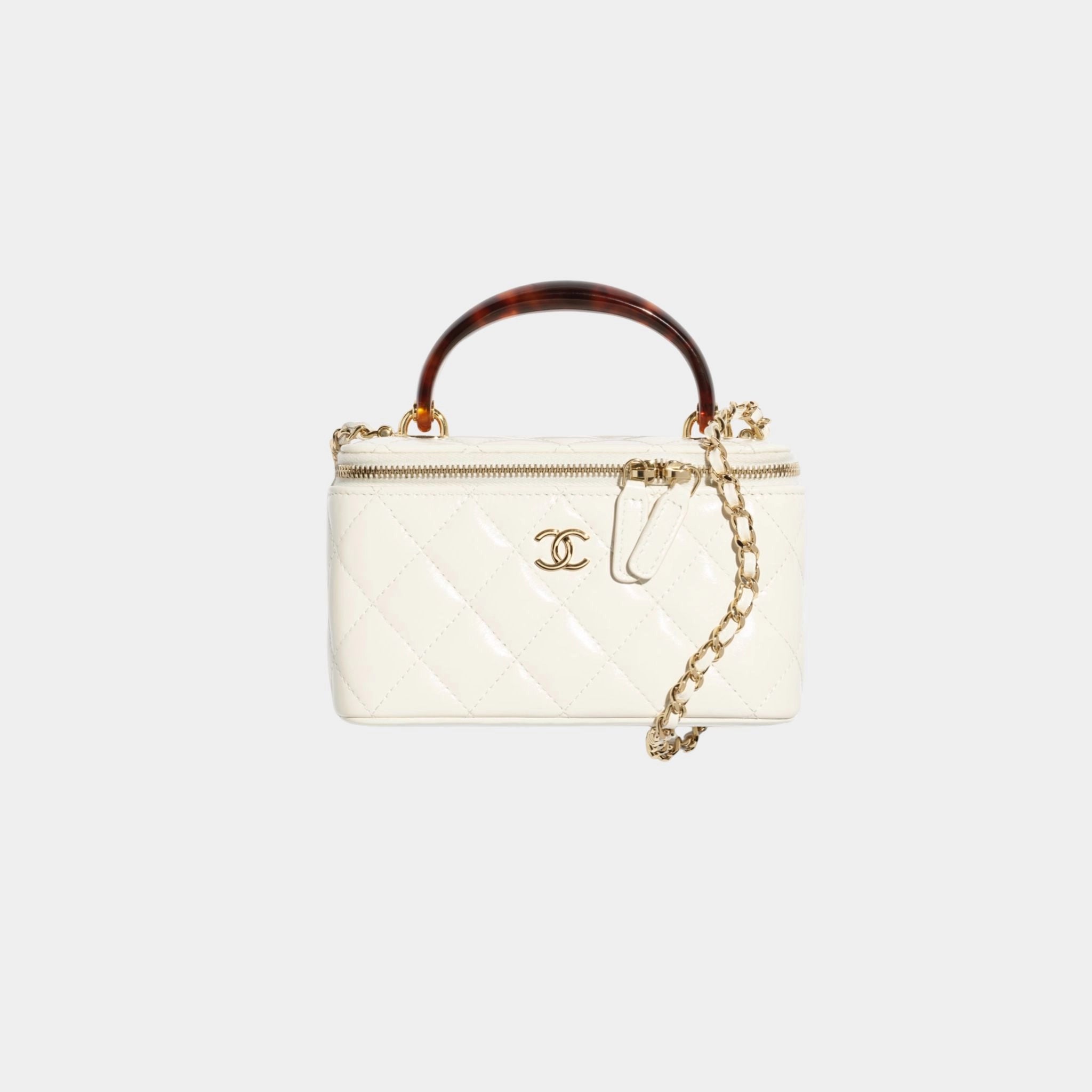 Chanel Long Vanity With Chain Lambskin Tortoise Effect Plexi & Gold Tone Metal, White, front