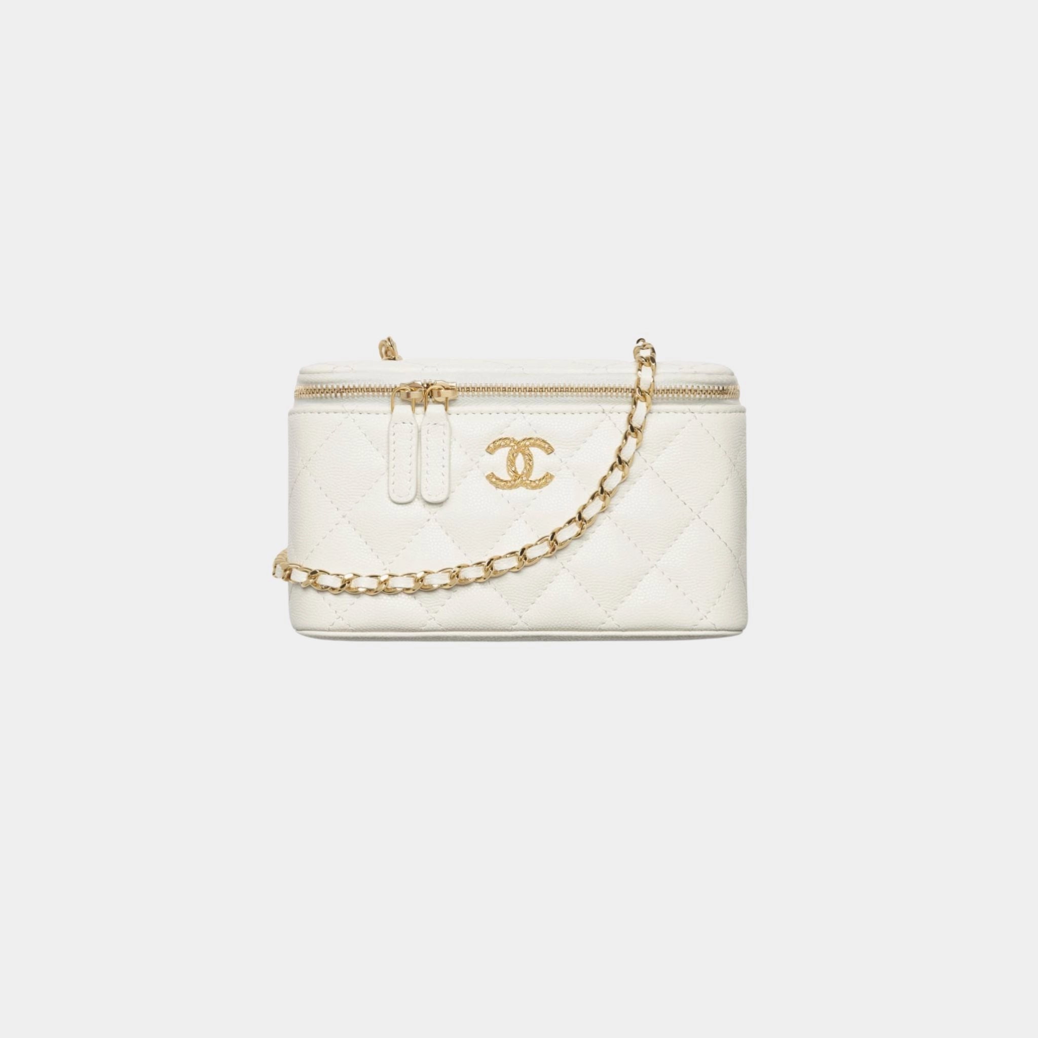 Chanel Long Vanity With Chain Shiny grained Calfskin Strass & Gold Tone Metal, White