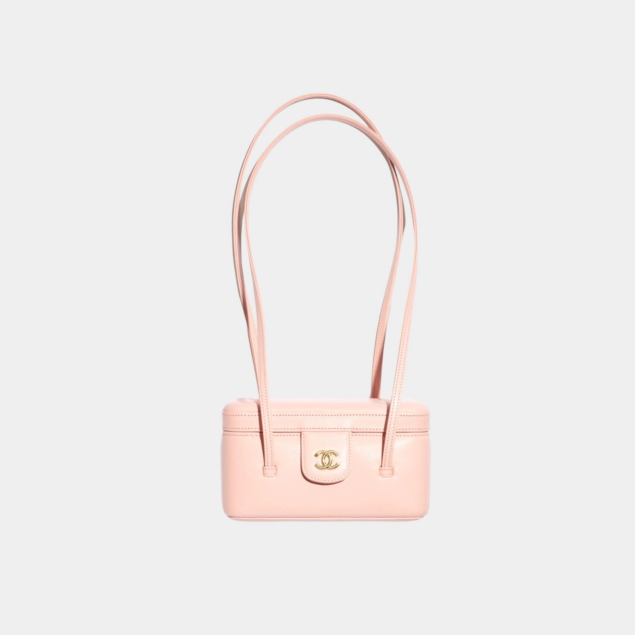 Chanel Long Vanity With Leather Strap Grained Shiny Calfskin & Gold Tone Metal, Light Pink , Front