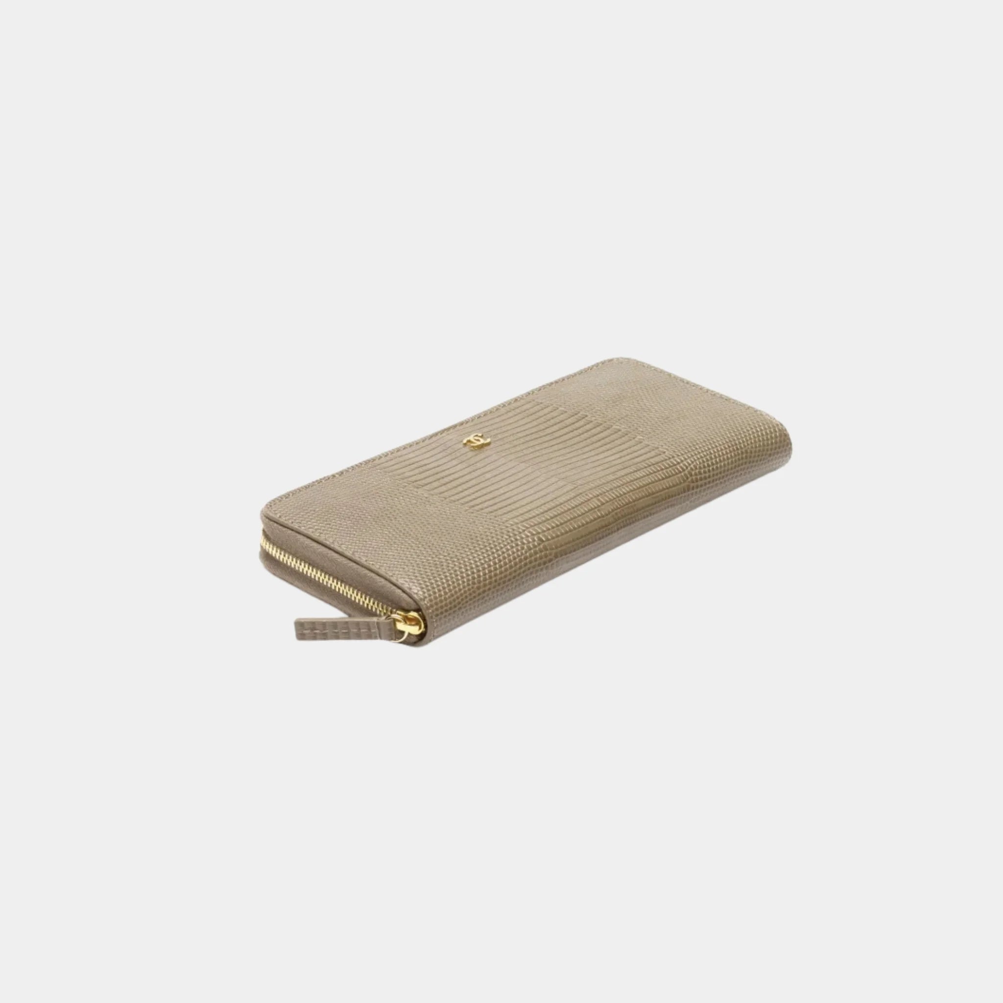 Chanel Long Zipped Wallet in Dark Khaki Lizard Embossed Calfskin, Top