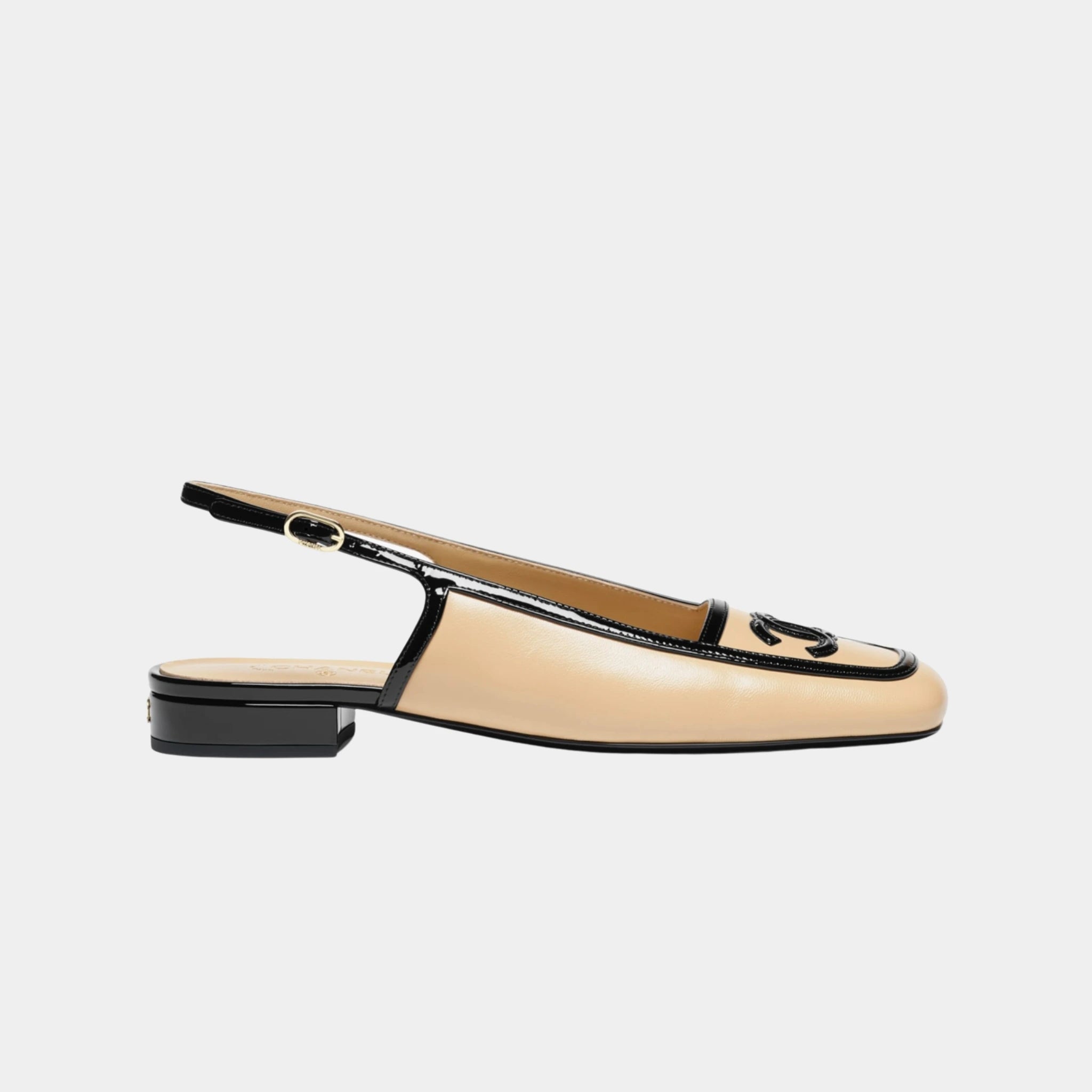 Chanel Low Heeled Slingbacks in Lambskin & Patent Calfskin, Beige Black, Side