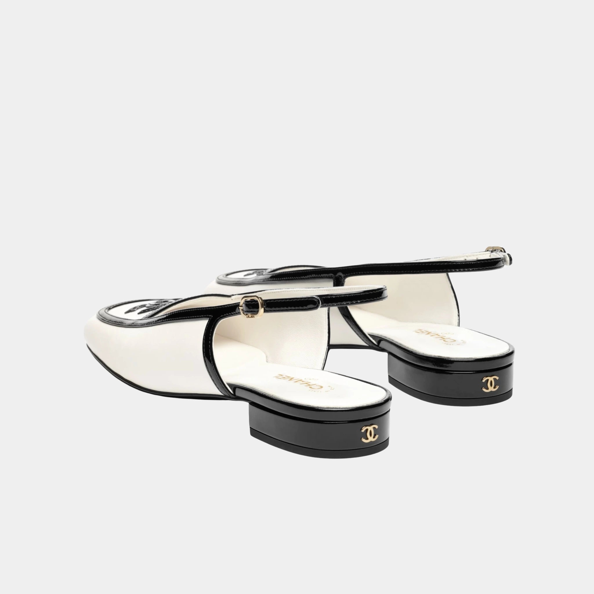 Chanel Low Heeled Slingbacks in Lambskin & Patent Calfskin, White Black, Back