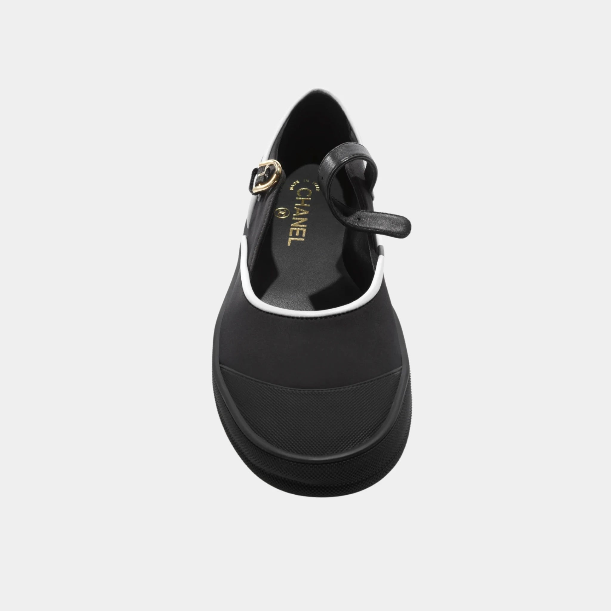 Chanel Mary Janes in Mixed Fibers & Rubber, Black, White, Front