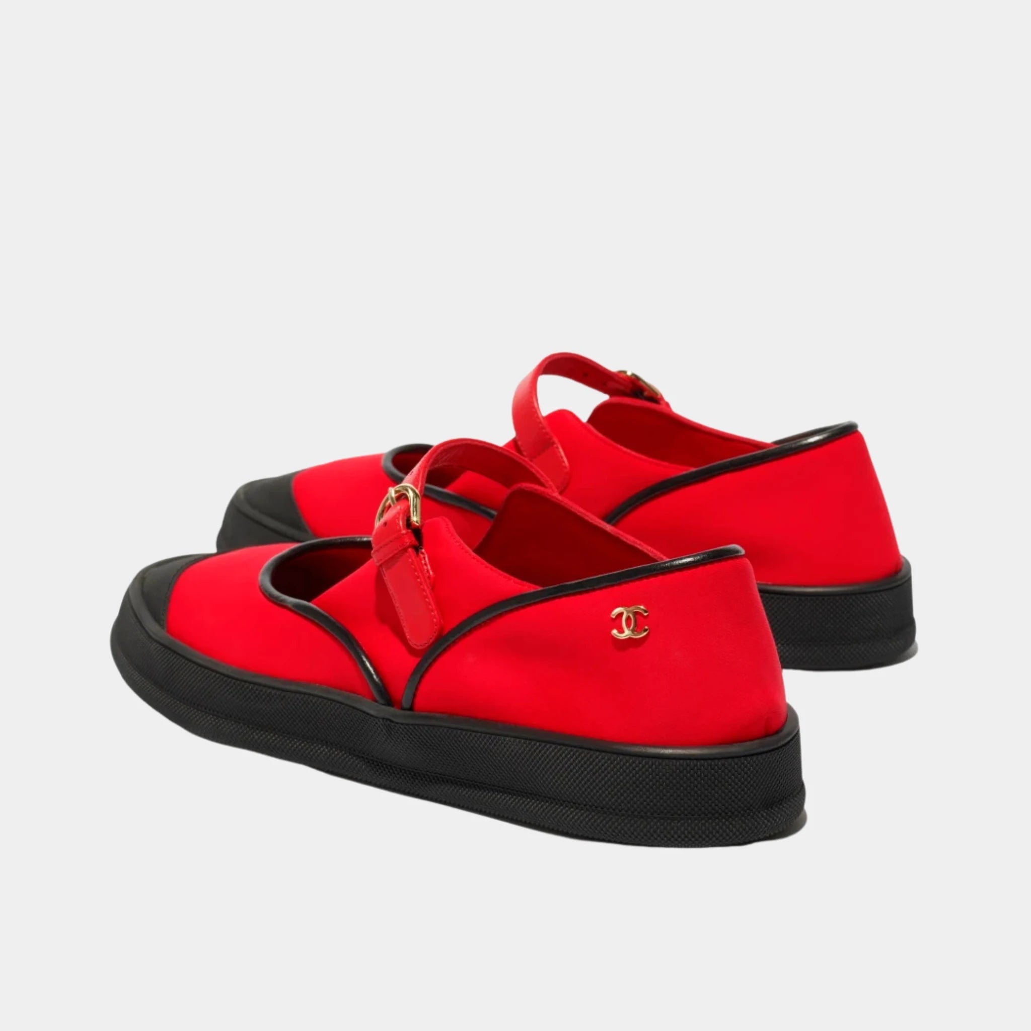 Chanel Mary Janes in Mixed Fibers & Rubber, Red, Black, Back