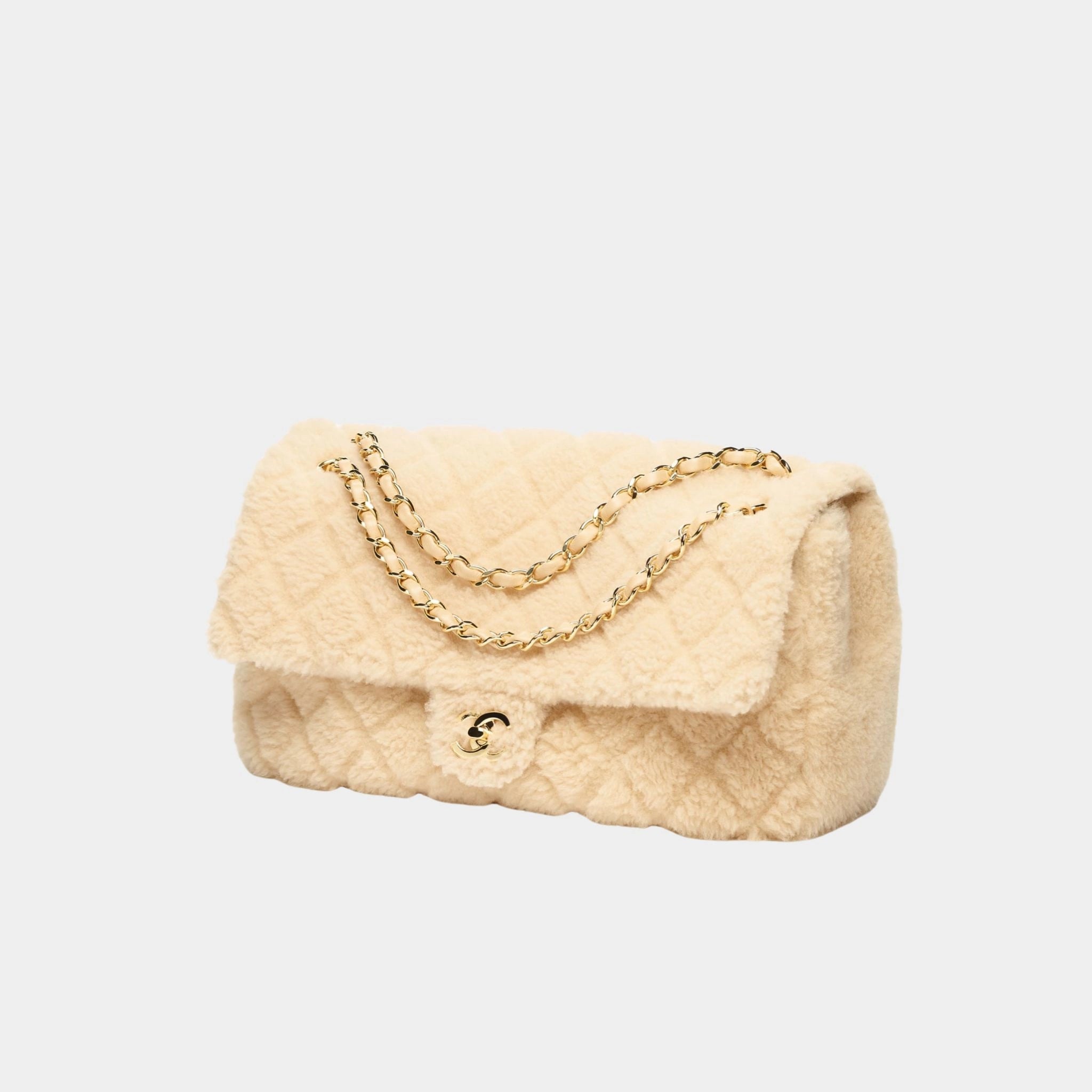 Maxi Flap Bag Shearling Lambskin & Gold Tone Metal Beige